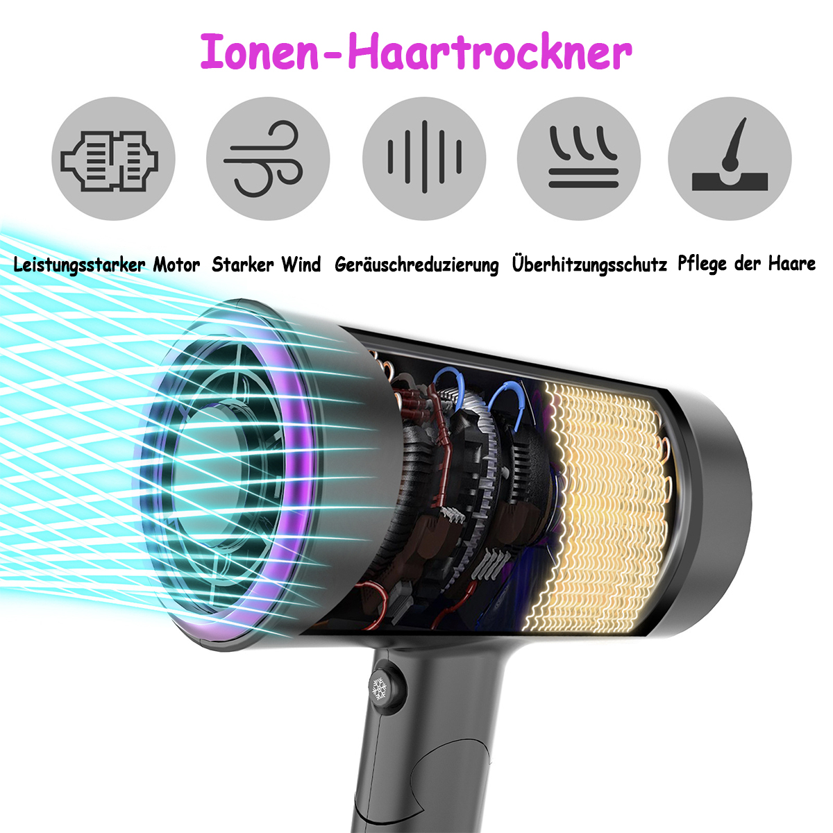 Haartrockner mit sichtbaren Innenteilen, leuchtenden blauen und lila Details.