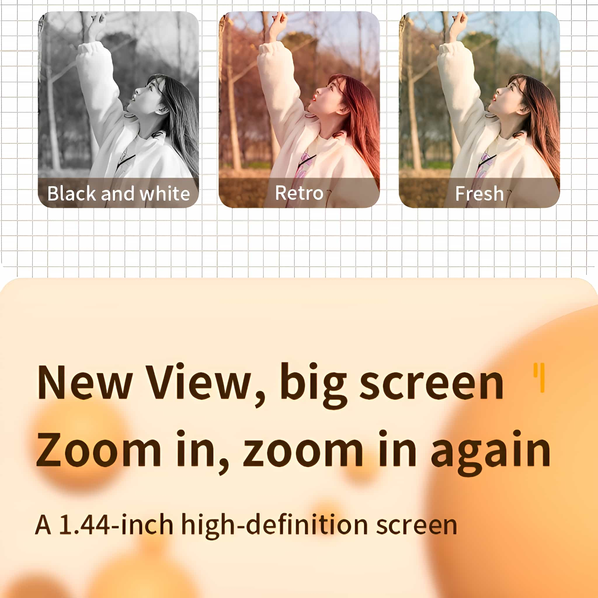 Drei Bilder, die eine Frau zeigen, die nach oben schaut. Jedes hat einen anderen Filter: Schwarzweiß, Retro, Frisch.
