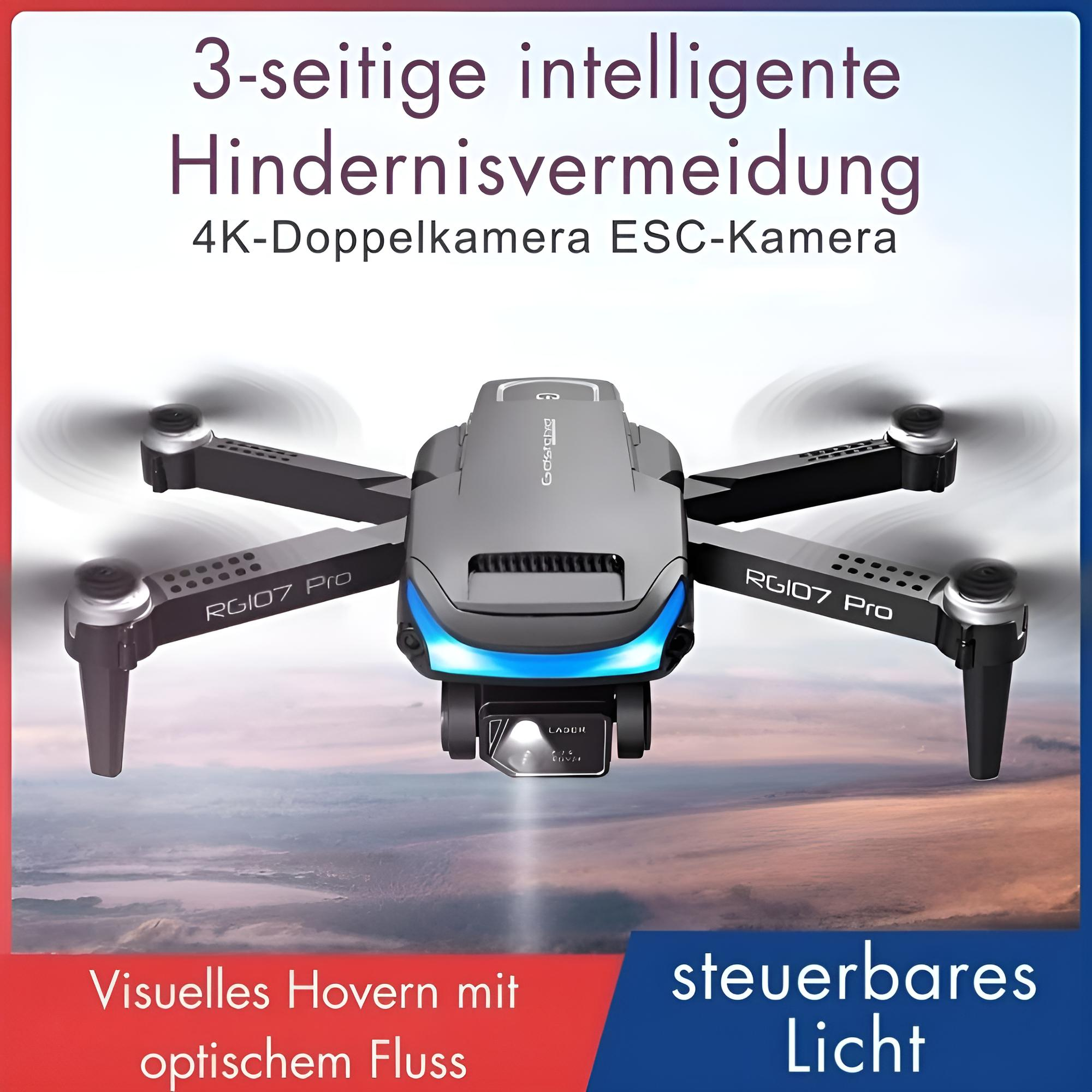 Graue Drohne mit vier Propellern. Auf der Drohne steht RG107 Pro. Der Hintergrund ist ein bewölkter Himmel.