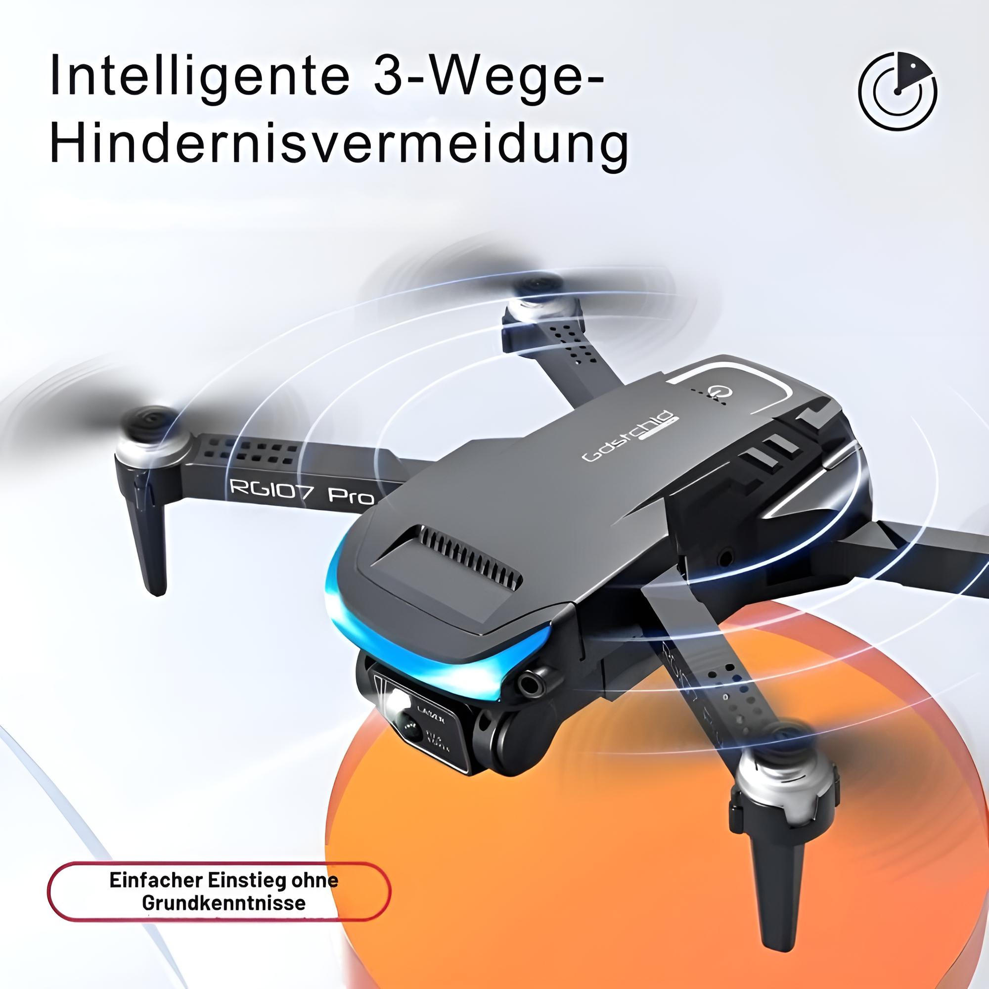 Eine Drohne im Flug über einem orangefarbenen Kreis, mit Text auf Deutsch.