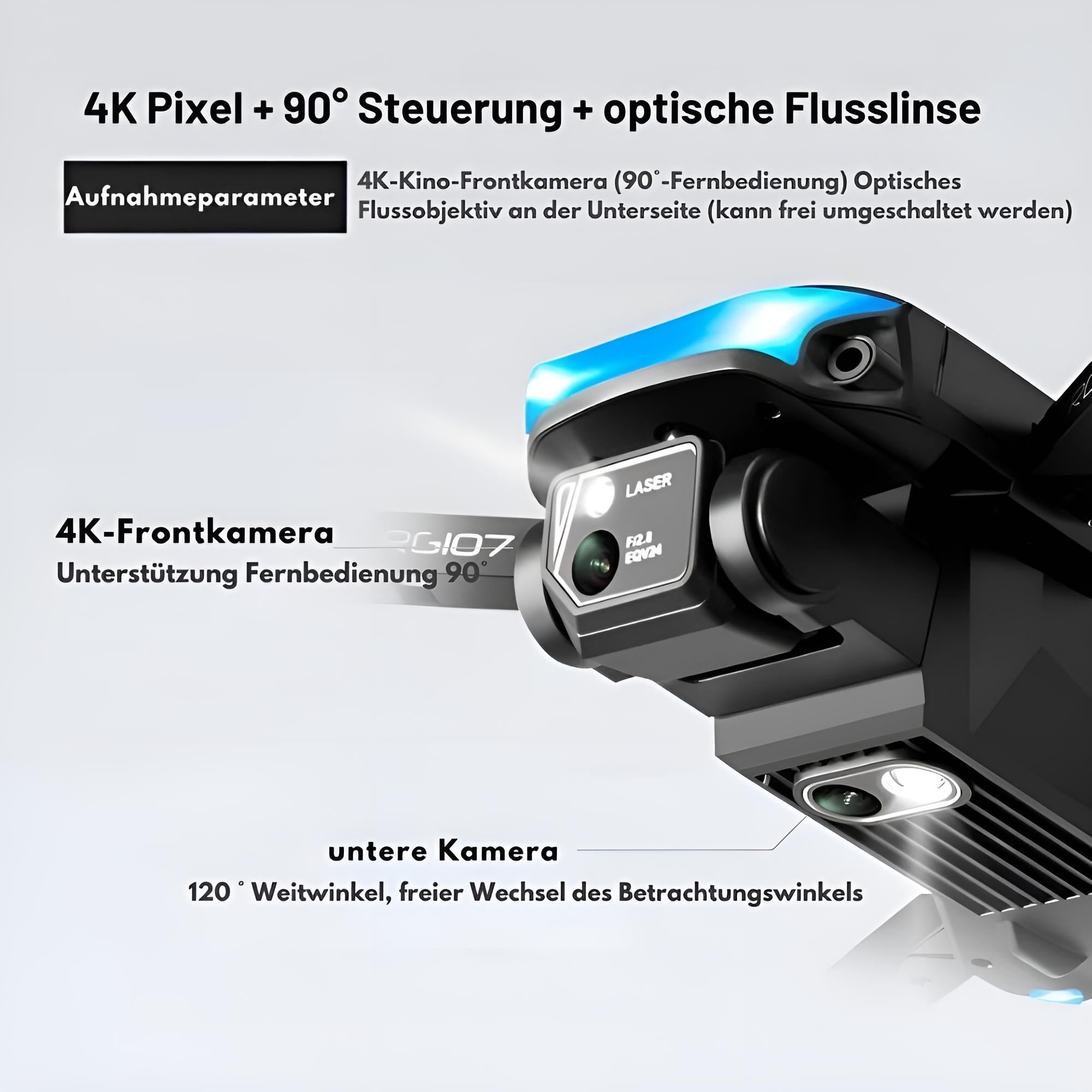 Drohne mit Kameradetails. Text und Bilder mit Bezeichnungen wie '4K', 'Laser' und 'Kameralinse' sind sichtbar.