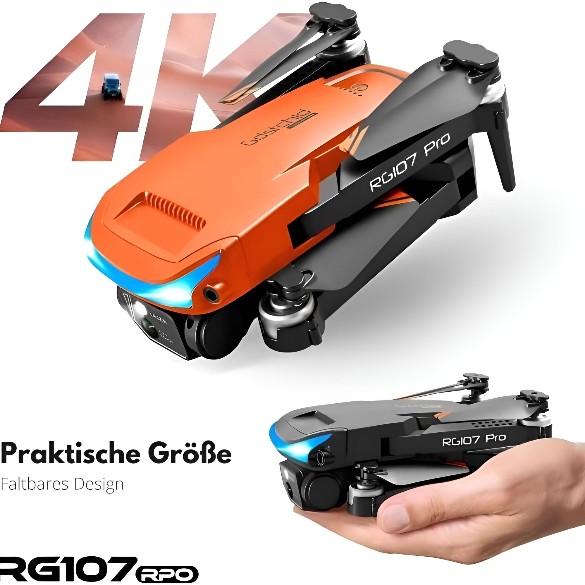 Orange und schwarze Drohne mit Text und zwei Bildern, weißer Hintergrund.
