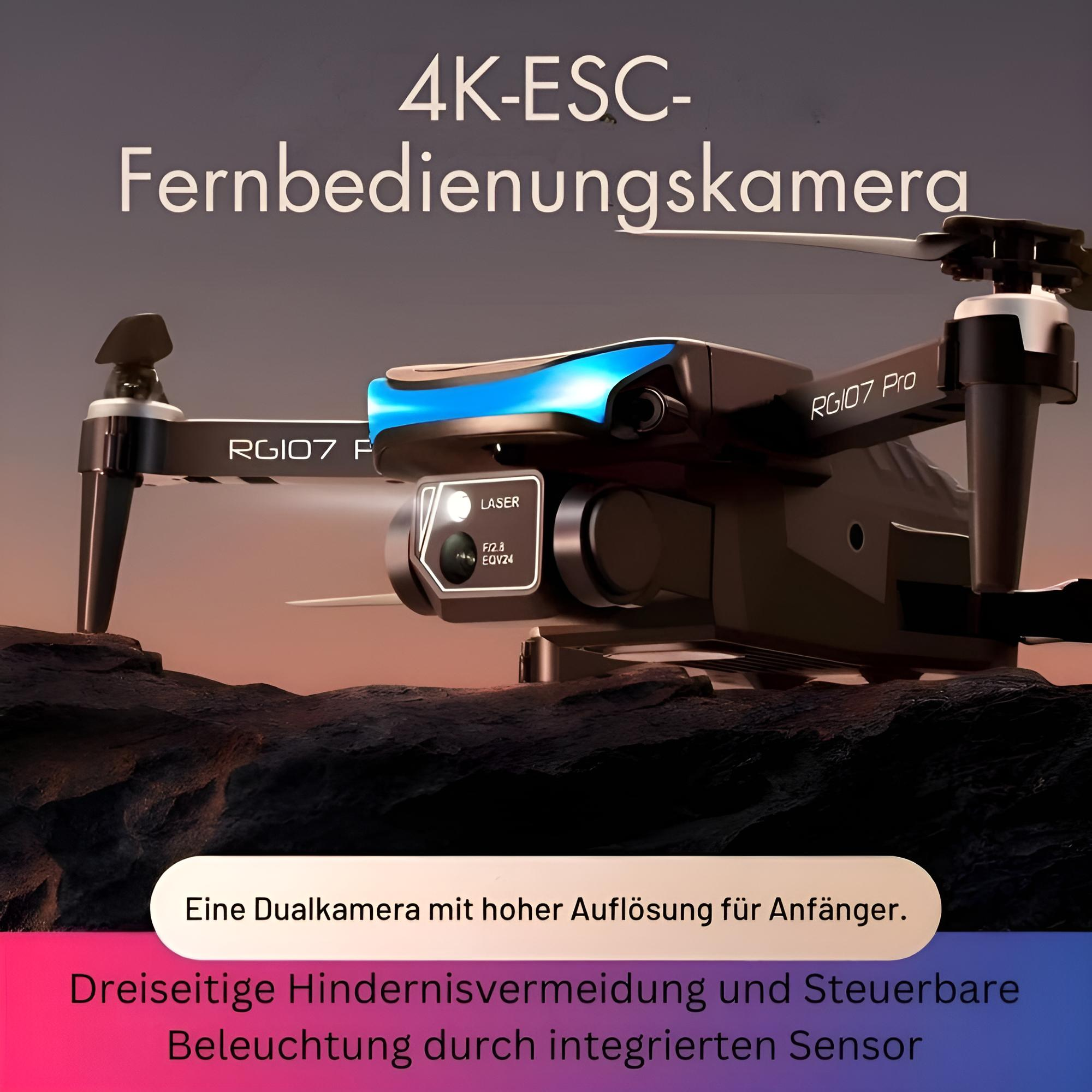 Schwarze Drohne mit Text. Text hebt Funktionen und Fähigkeiten hervor.