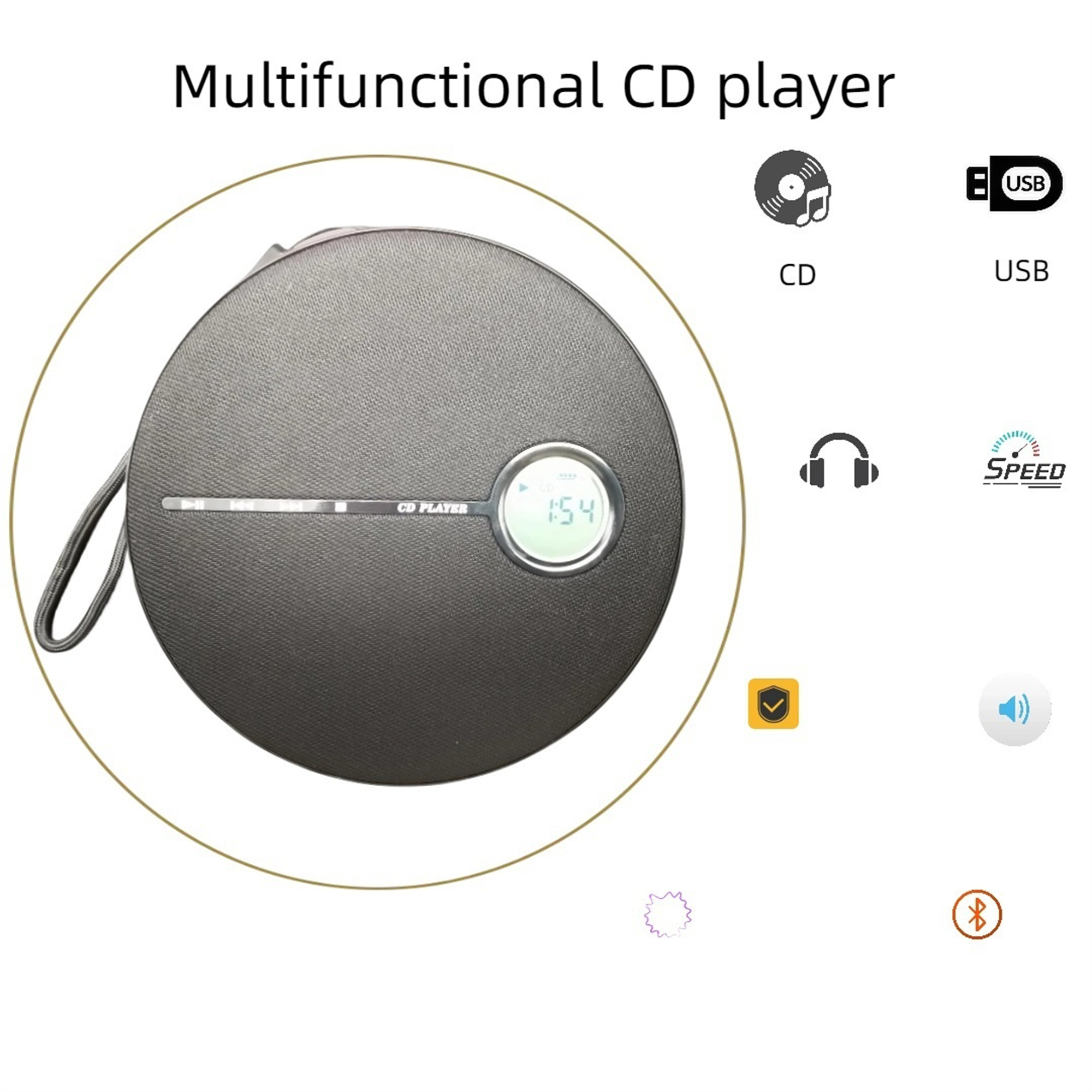 Runder CD-Player mit Symbolen für CD, USB, Kopfhörer, Geschwindigkeit, einem Schild und Bluetooth.