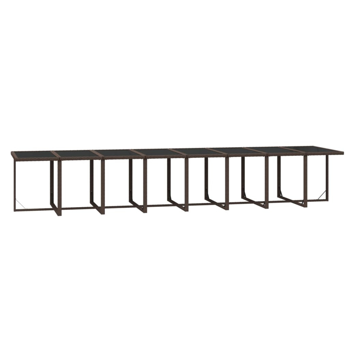 Langer, rechteckiger Outdoor-Tisch mit dunkler Oberfläche und Metallrahmen, auf weißem Hintergrund.