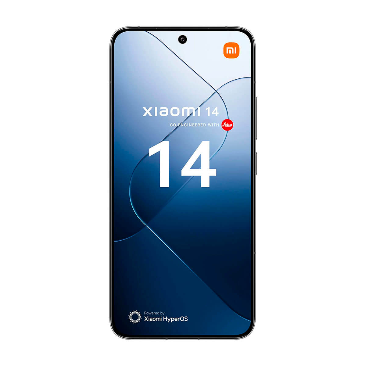 Een Xiaomi 14 smartphone met een wit scherm en het Xiaomi logo. Een Leica logo is aanwezig.