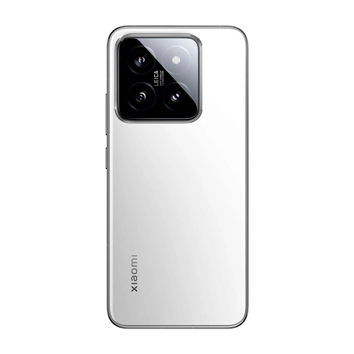 Witte Xiaomi telefoon, drie camera's achter, Leica lens. Witte achtergrond.