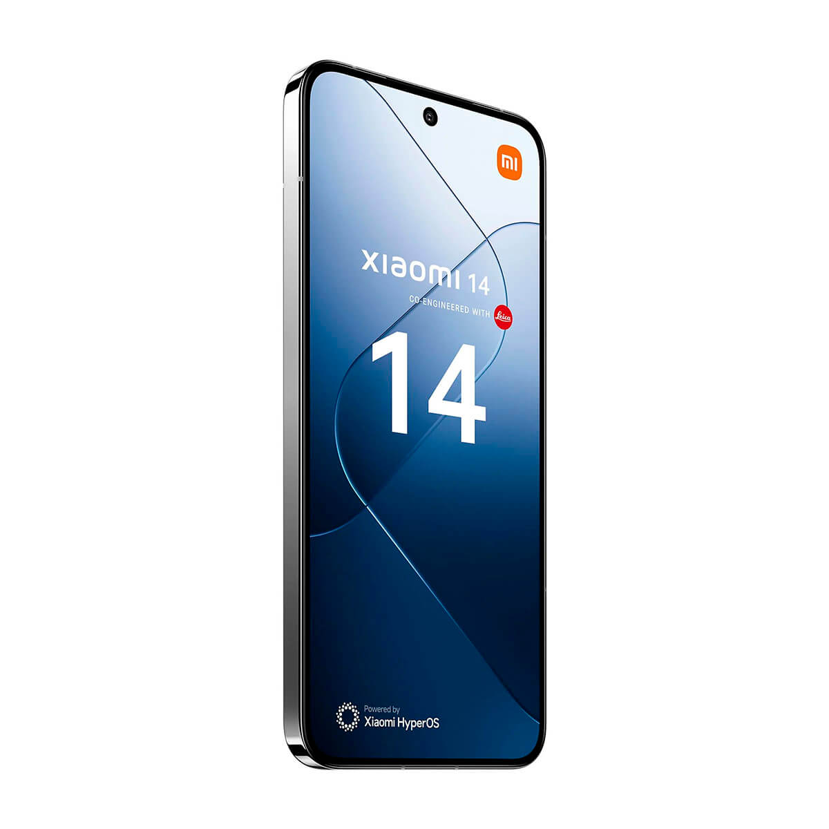 Een zwarte Xiaomi 14-telefoon met een blauwe achtergrond en het Xiaomi-logo.