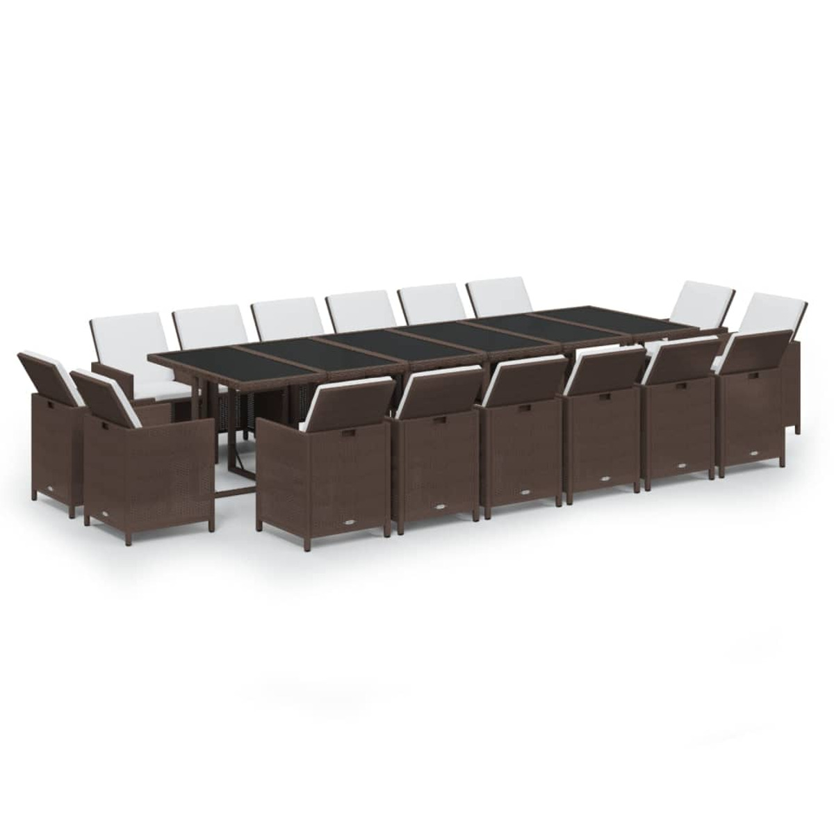 Braunes Ess-Set für den Außenbereich mit schwarzem Tisch und weißen Kissen.