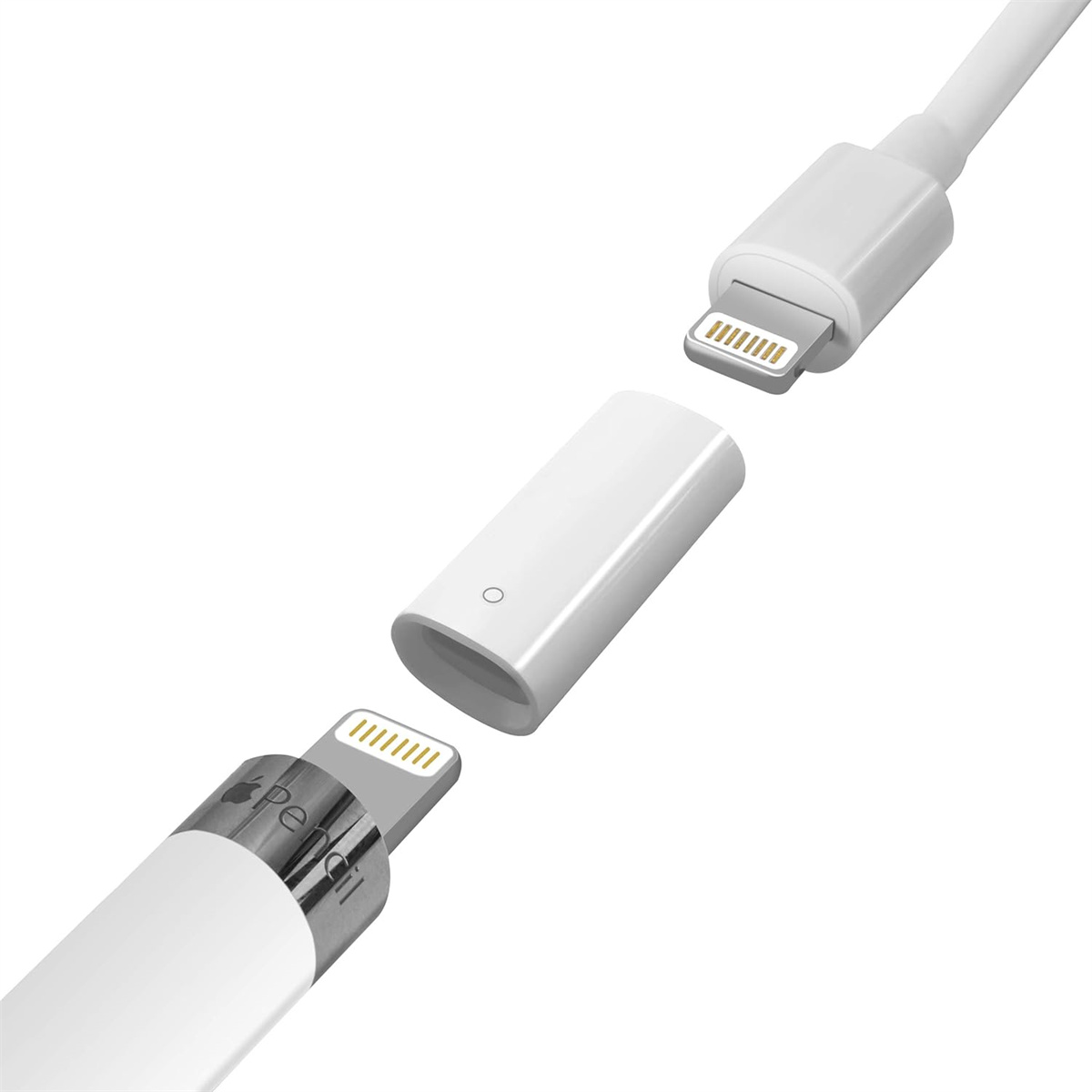 Weißer Apple Pencil mit Stecker und Ladegerät auf weißem Hintergrund.