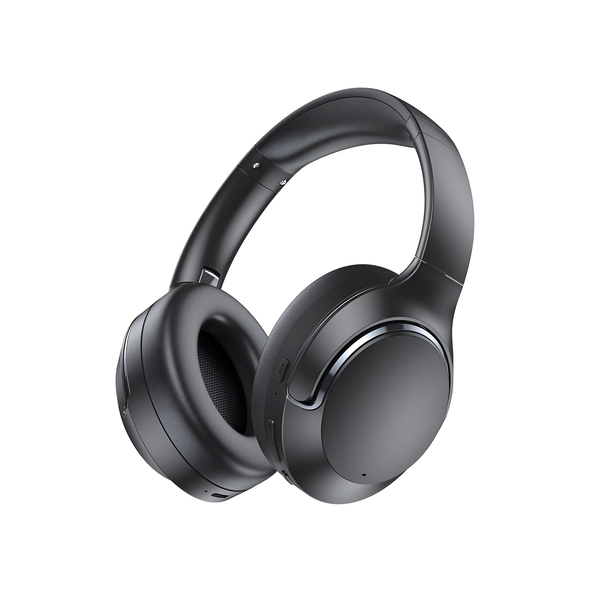 Schwarze Kopfhörer auf weißem Hintergrund. Die Kopfhörer sind Over-Ear-Stil.