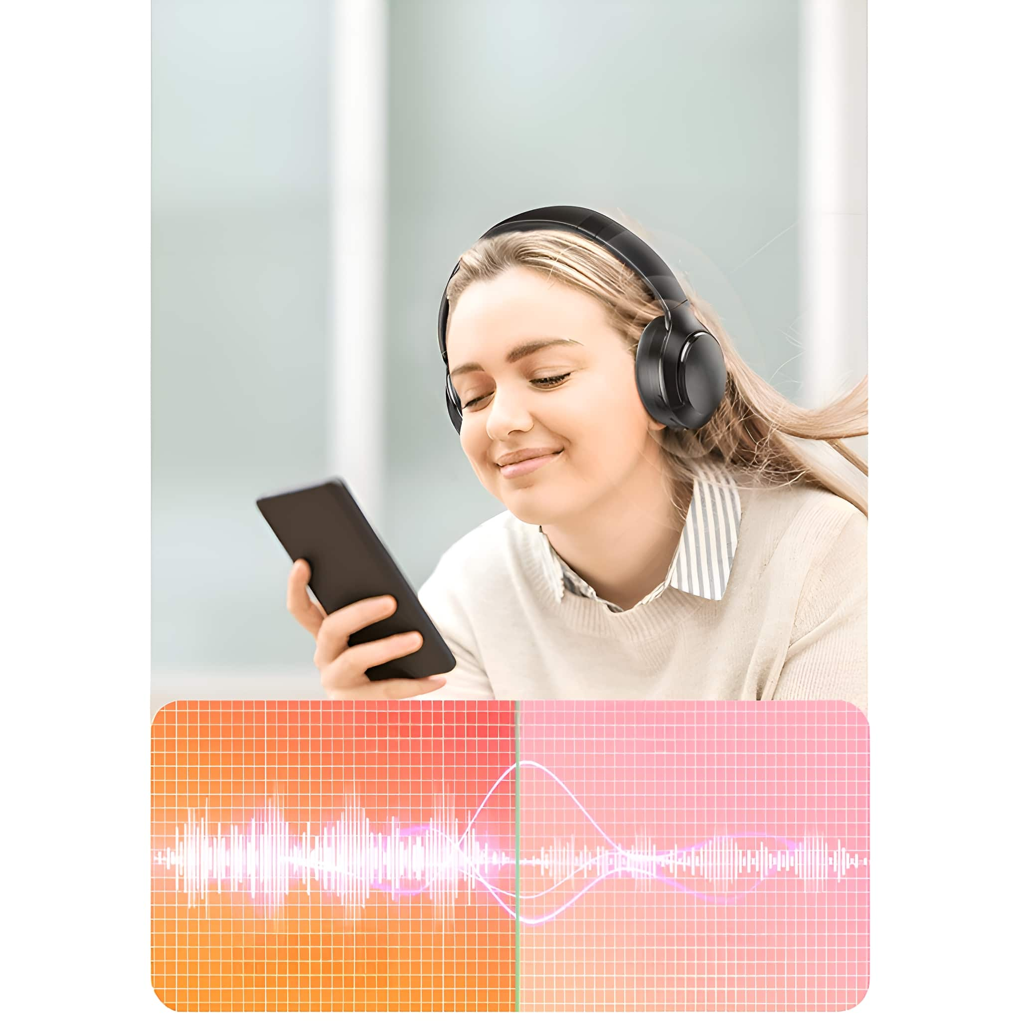 Eine Frau mit Kopfhörern hört Musik auf einem Tablet. Audio-Welle wird gezeigt.
