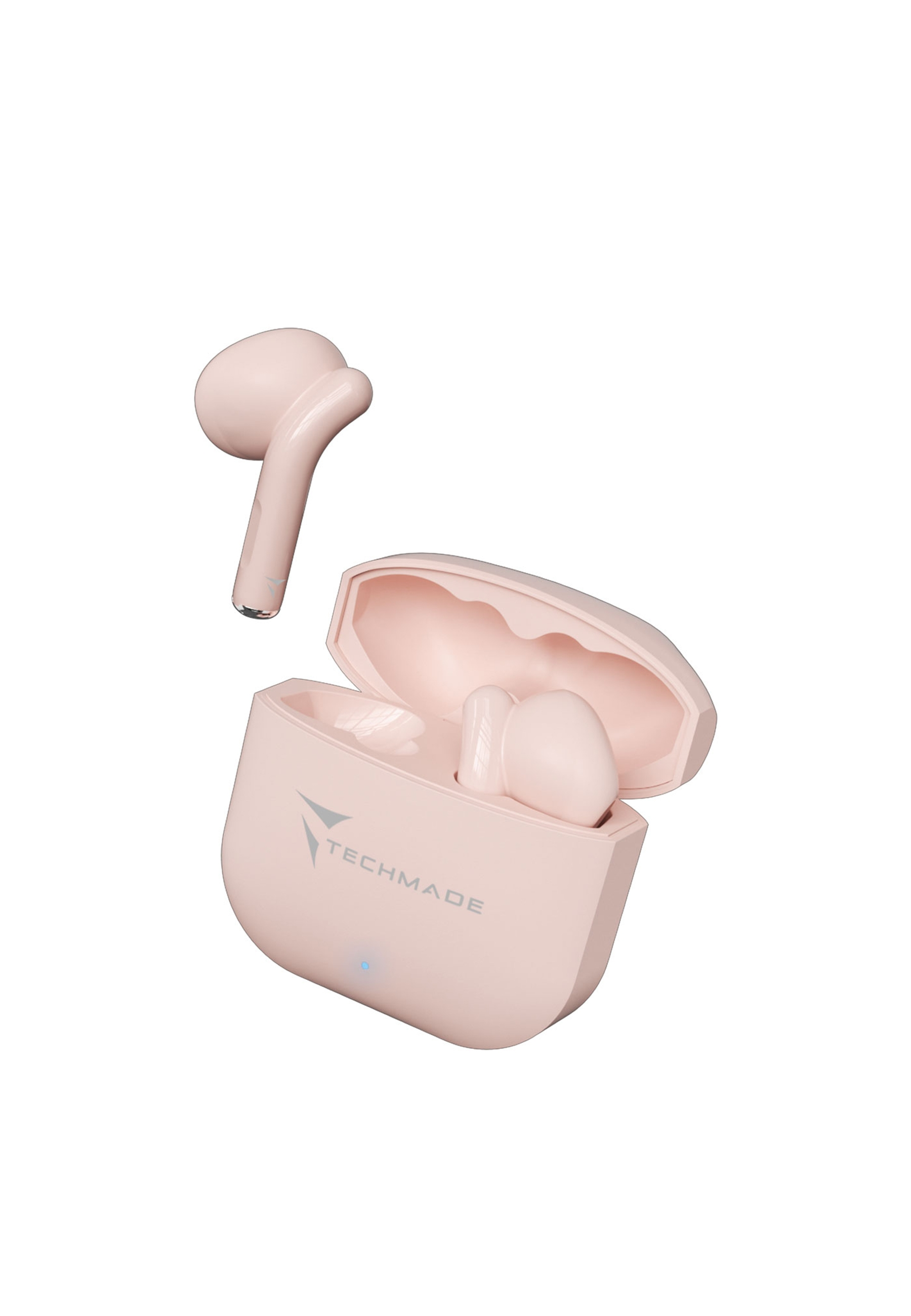 Auricolari wireless rosa e custodia di ricarica, isolati su bianco. Un auricolare è separato.