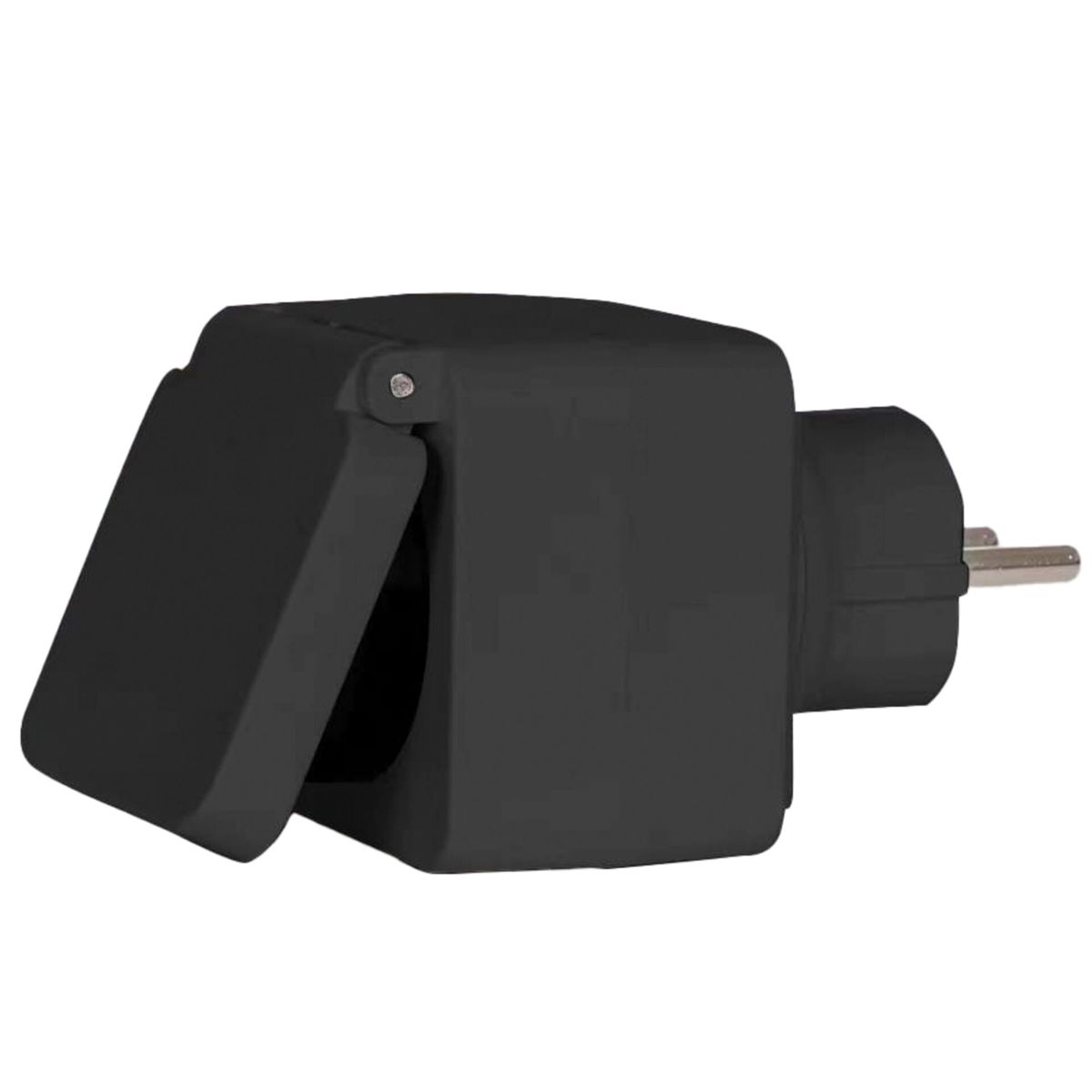 Schwarzer Elektrostecker mit Klappdeckel. Er hat einen dreipoligen Stecker.