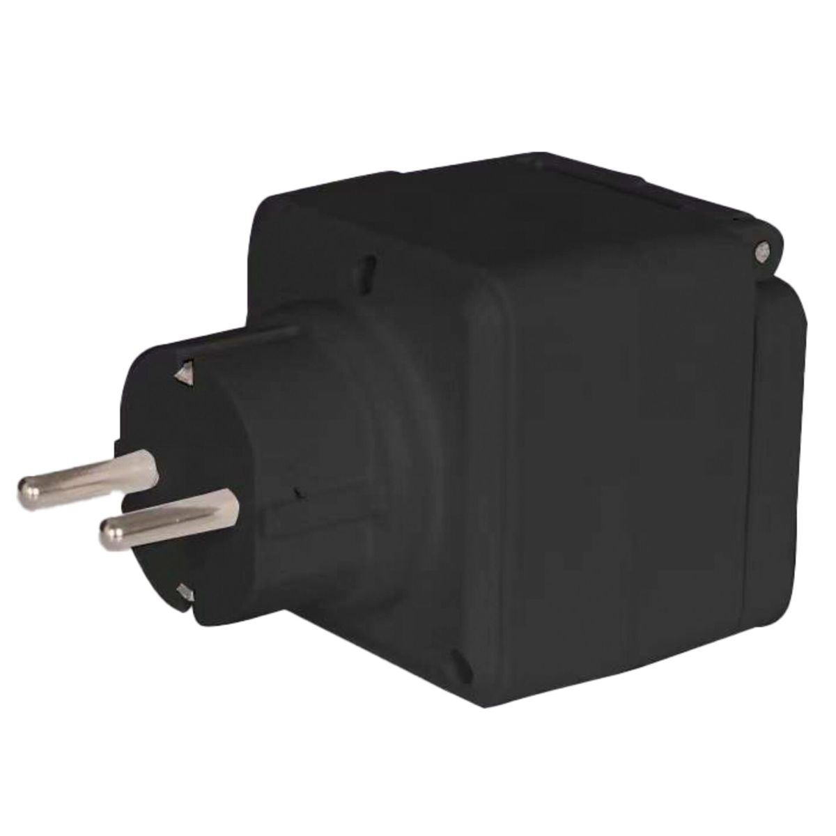Schwarzer Netzadapter mit zwei Stiften, steckerfertig. Quadratischer Körper.