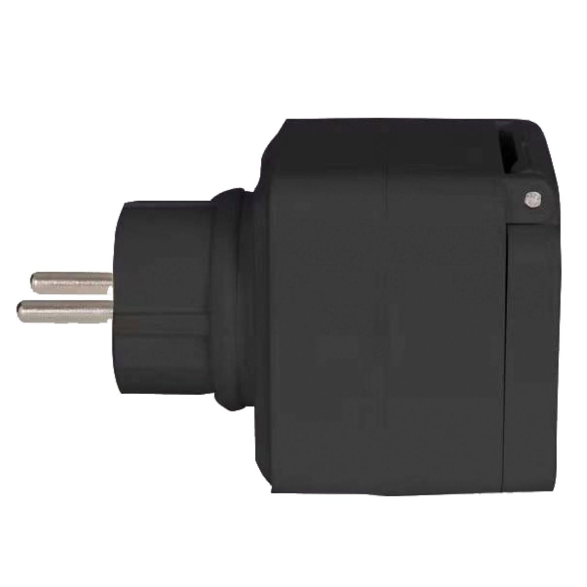 Schwarzer Netzadapter mit zwei Stiften. Es hat einen quadratischen Körper und einen kreisförmigen Eingang.
