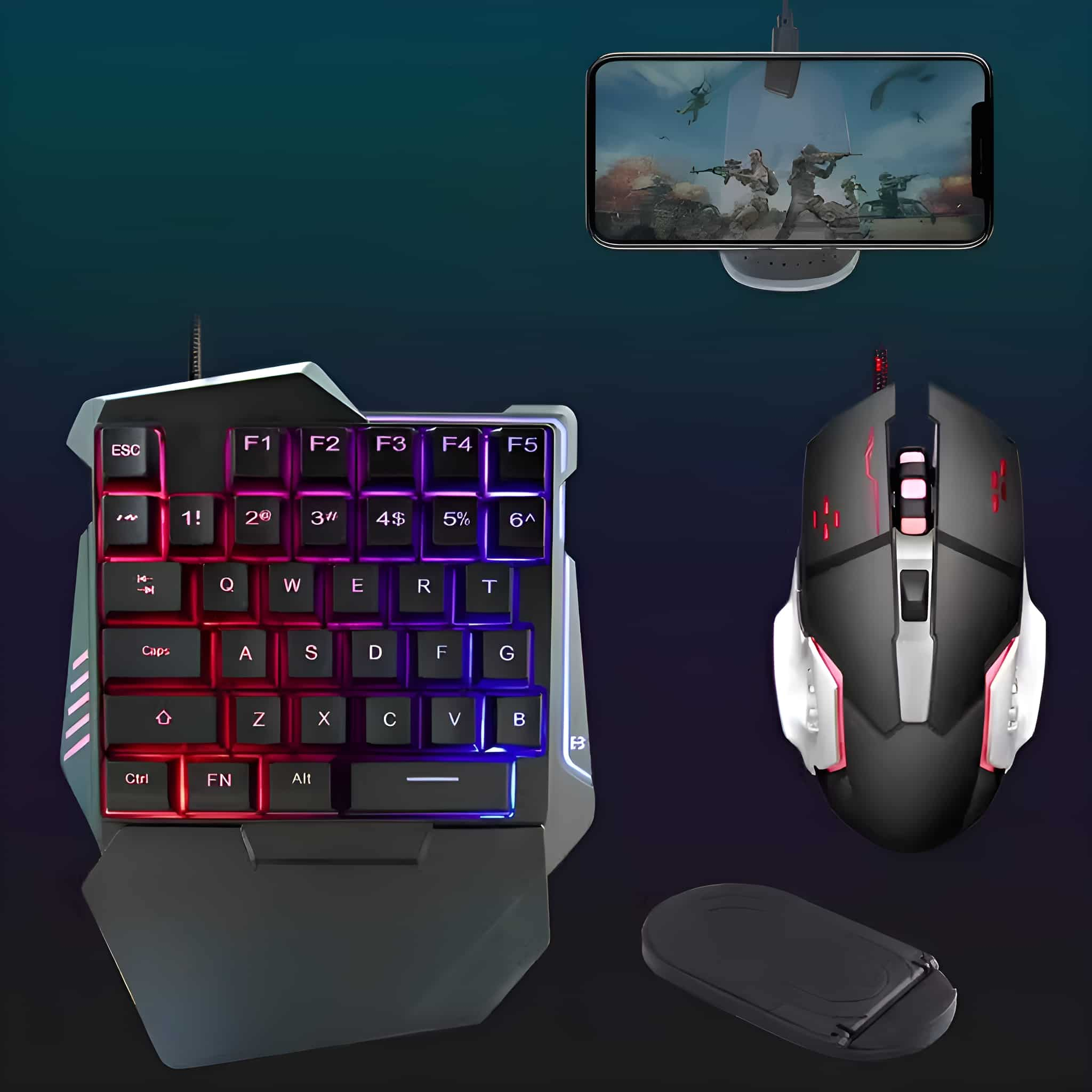 Gaming-Tastatur und -Maus mit Telefon, das ein Spiel anzeigt.