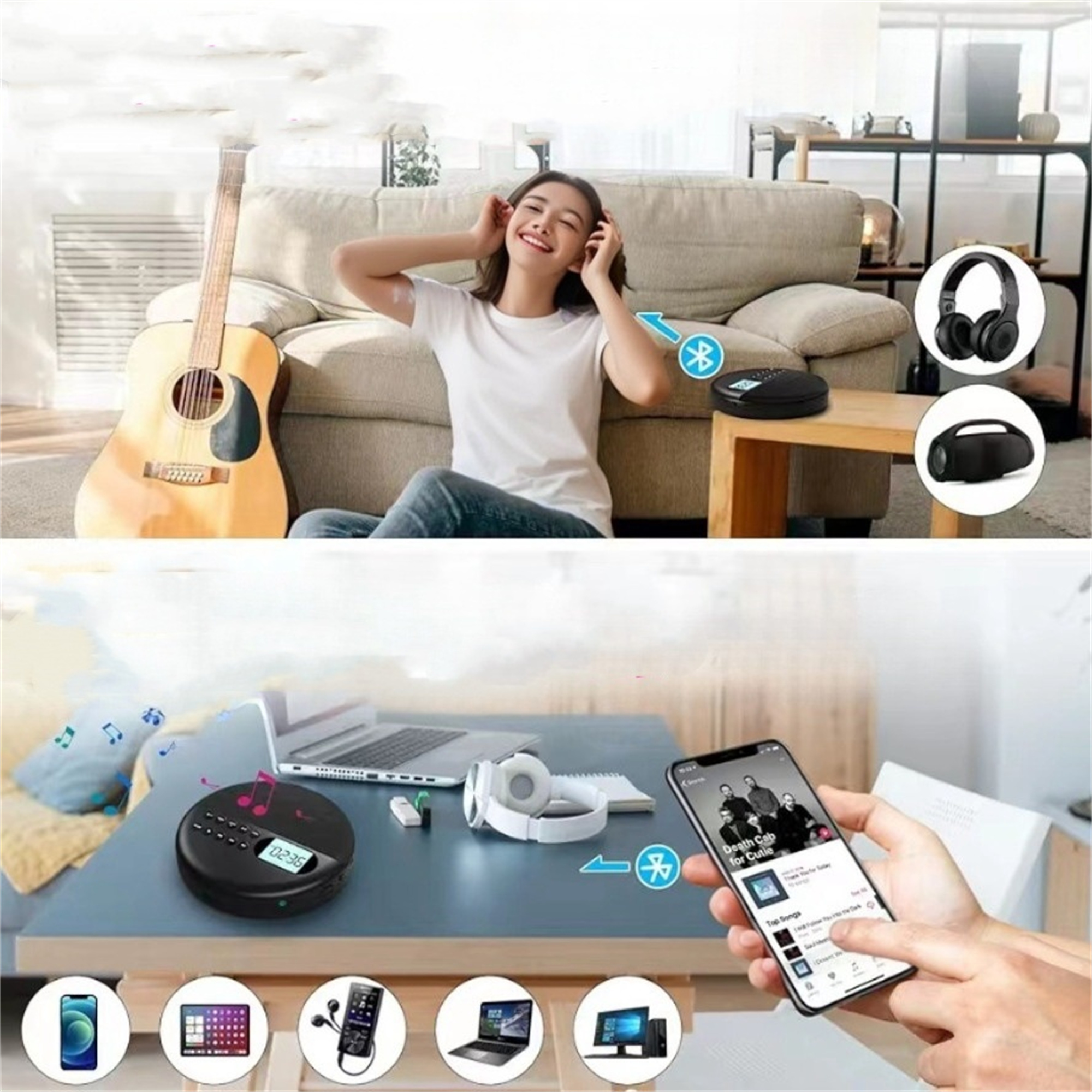 Frau hört Musik mit Kopfhörern und CD-Player, mit Gitarre und Laptop im Hintergrund.