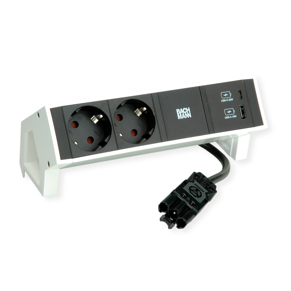 Weiße und schwarze Steckdose mit zwei Steckdosen, zwei USB-Anschlüssen und einem schwarzen Netzkabel.