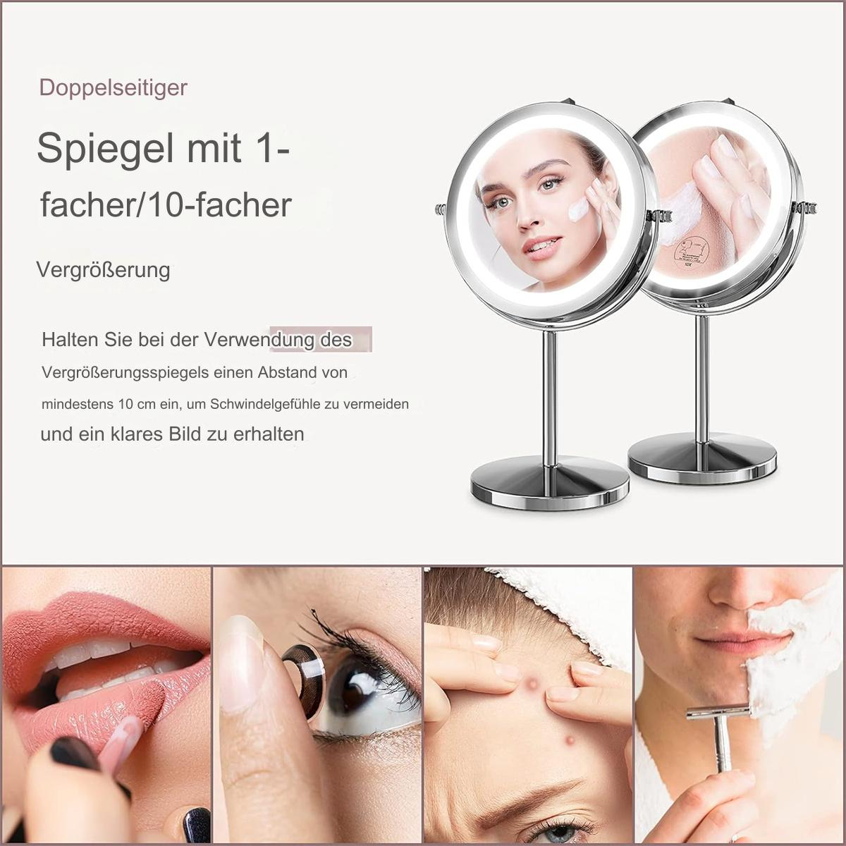 Spiegel mit Lichtern und Nahaufnahmen von Schönheitsbehandlungen. Text zum Spiegel steht oben.