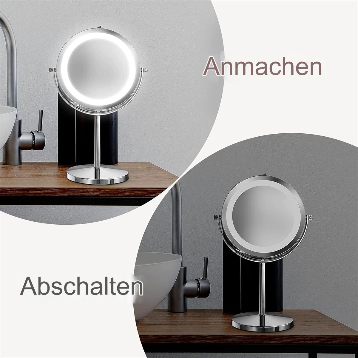 Ein beleuchteter Spiegel mit Touch-Taste zum Ein- und Ausschalten, auf Holzoberfläche.