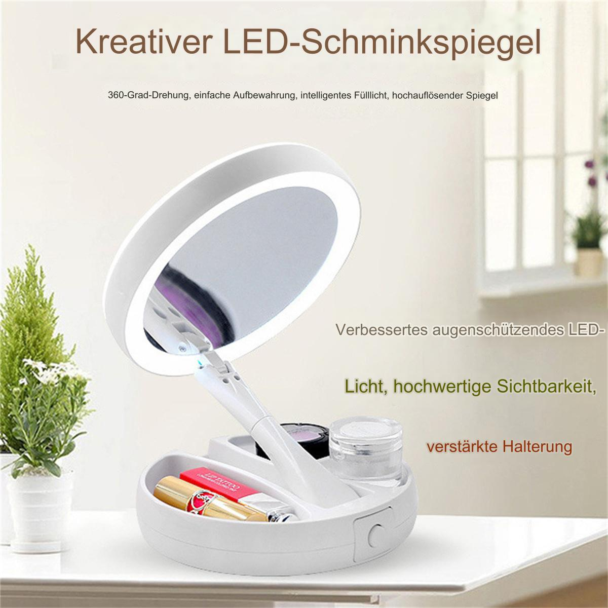 Weißer beleuchteter Kosmetikspiegel mit Make-up. Text auf Deutsch. Weißer Hintergrund.