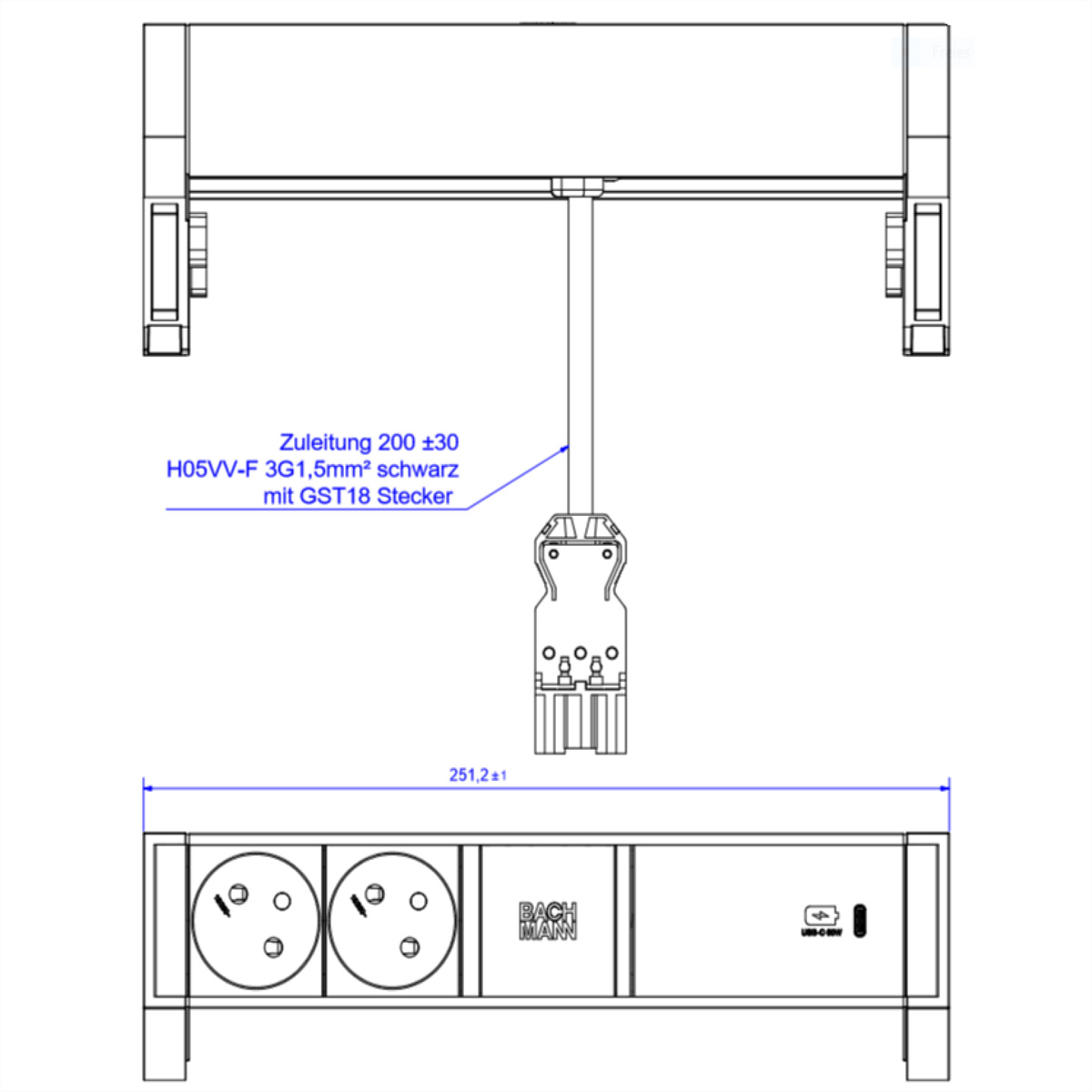 Disegno tecnico di un'unità di distribuzione elettrica con prese.
