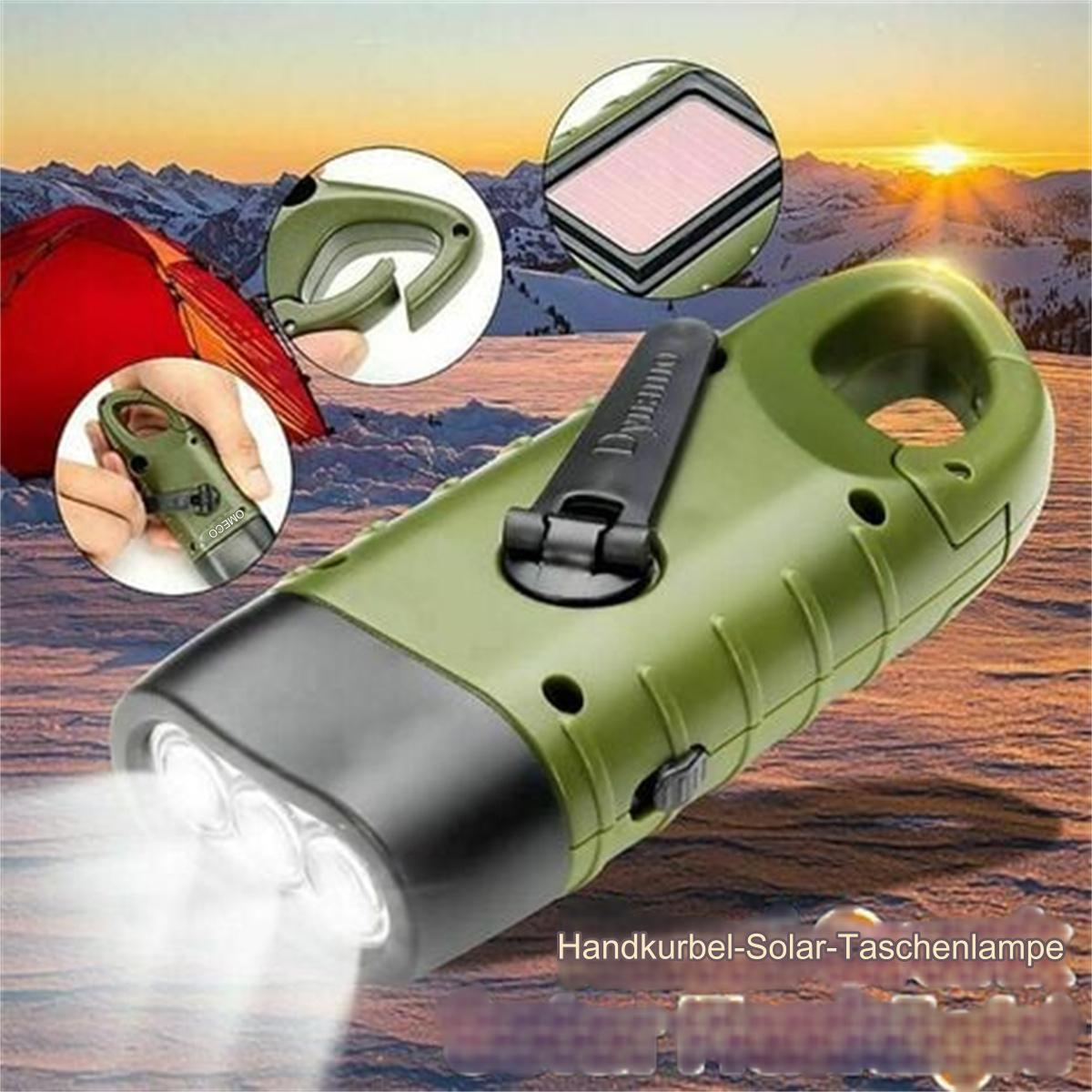 Grüne und schwarze Taschenlampe mit Solarpanel und Handkurbel. Zusätzliche Bilder zeigen die Teile.