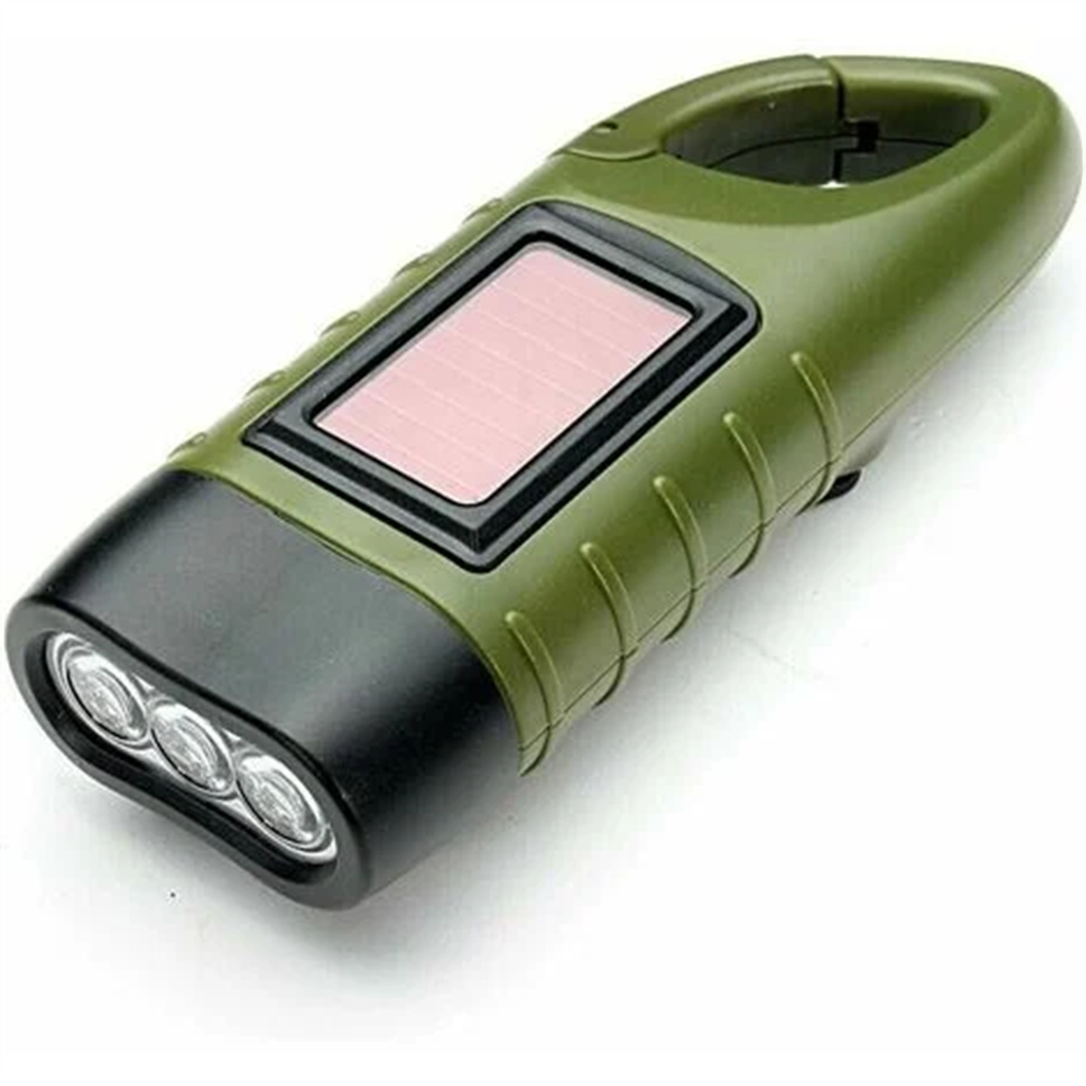 Grüne, solarbetriebene Taschenlampe. Schwarze Ober- und Unterseite, mit roter Solarzelle. Winkelansicht.