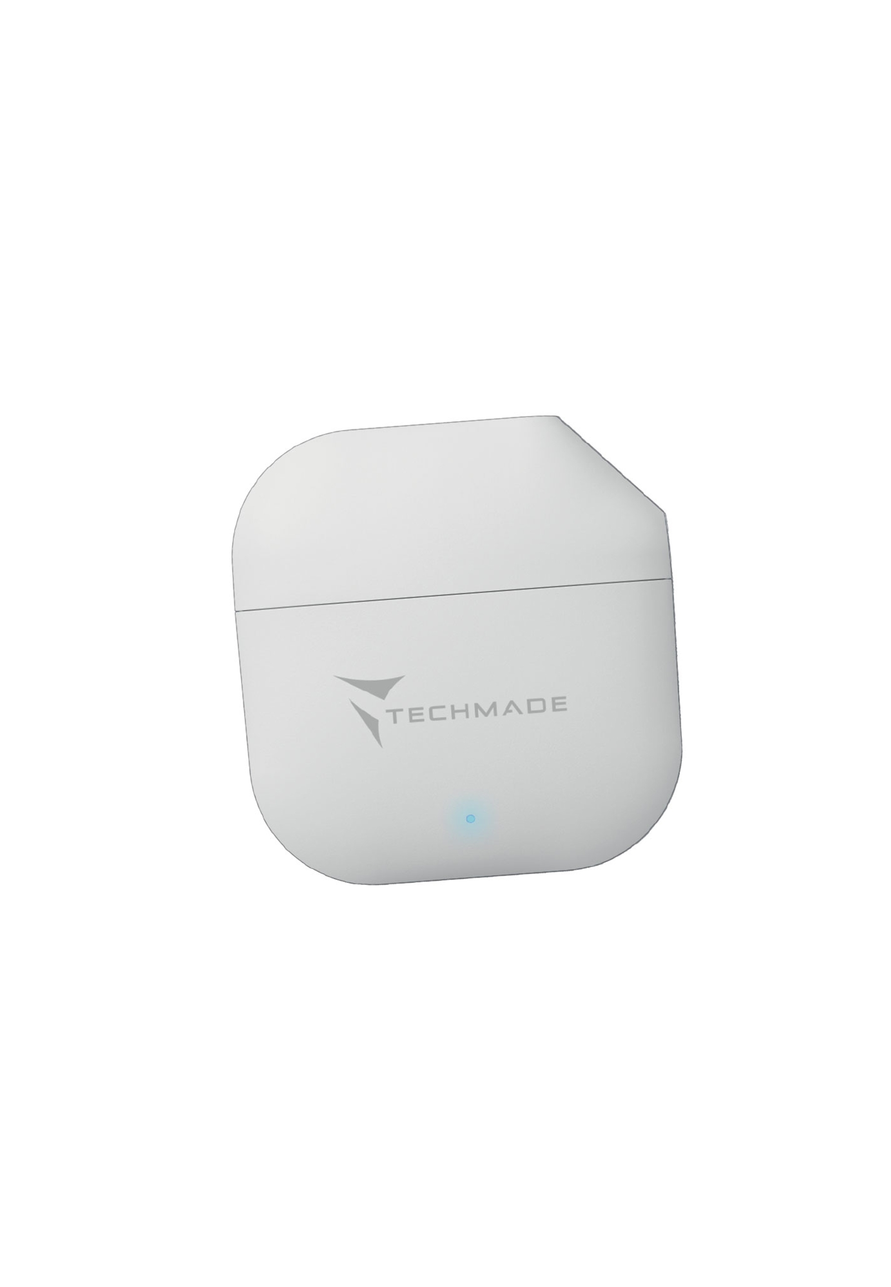 Weißes Kopfhöreretui mit Logo und blauem Licht. Techmade.