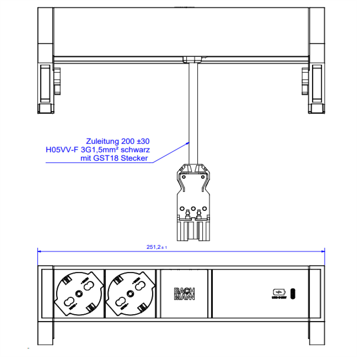 Technical drawing of an electrical device with dimensions and text labels.