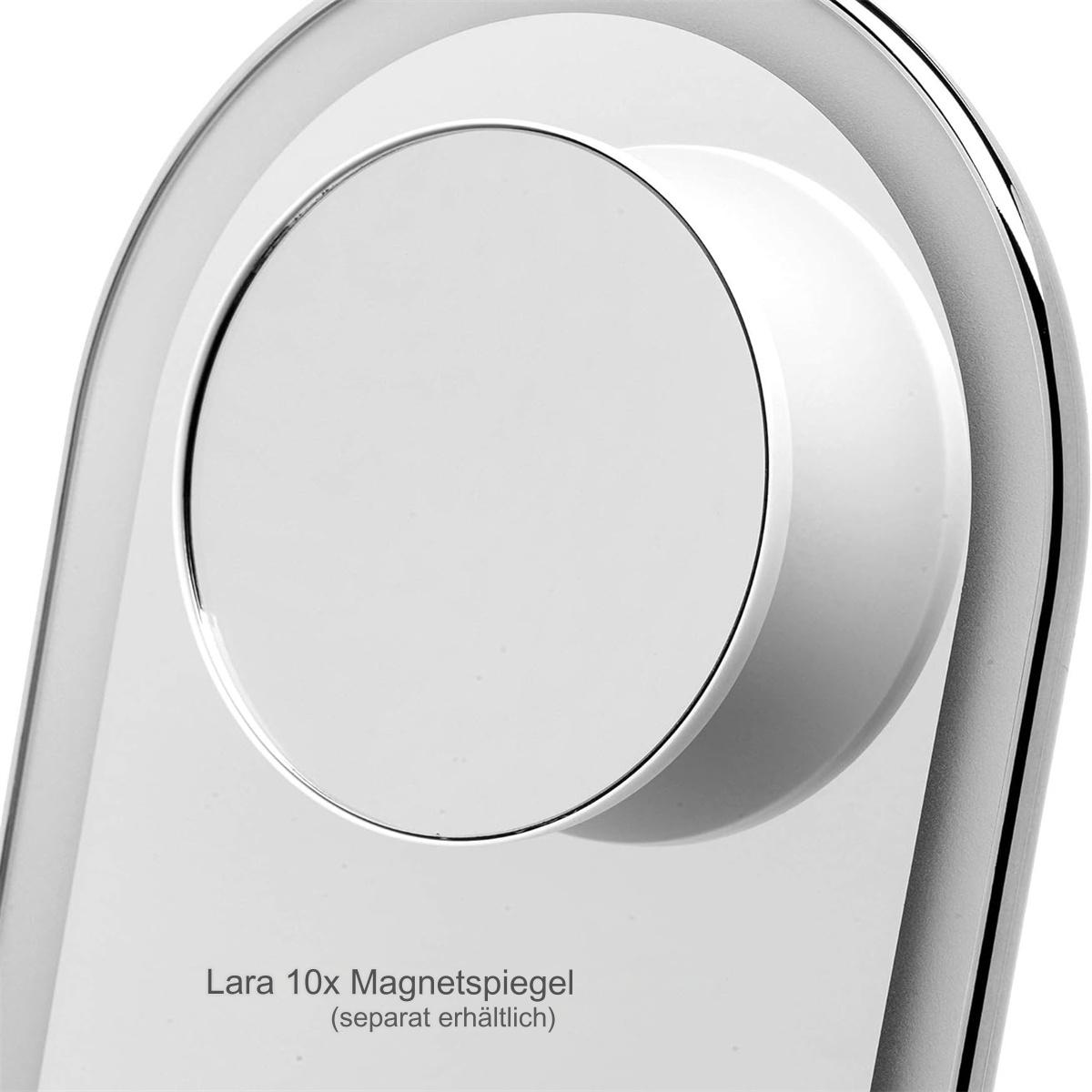 Nahaufnahme eines weißen, kreisförmigen Spiegels mit leicht gewölbtem Rahmen. Text: Lara 10x Magnetspeigel.