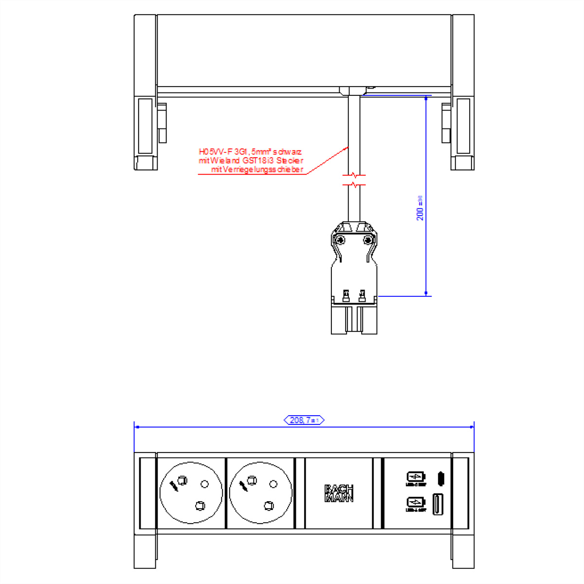 Technische tekening van elektrische componenten. Toont stopcontacten, bedrading en afmetingen. Zwarte lijnen op witte achtergrond.