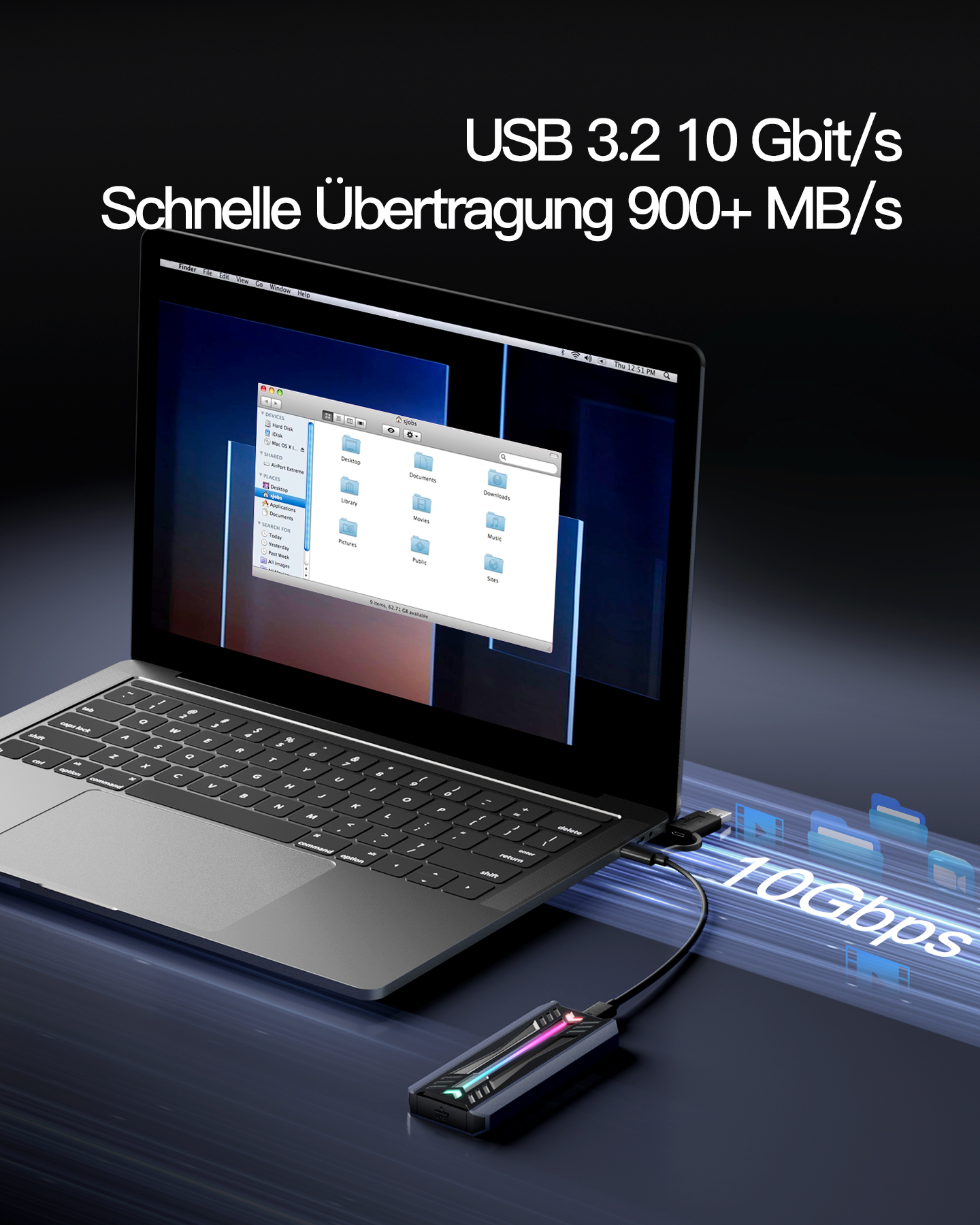 Laptop mit einem USB-Gerät verbunden. Es überträgt Daten mit 10 Gbit/s. Text: USB 3.2 10 Gbit/s.