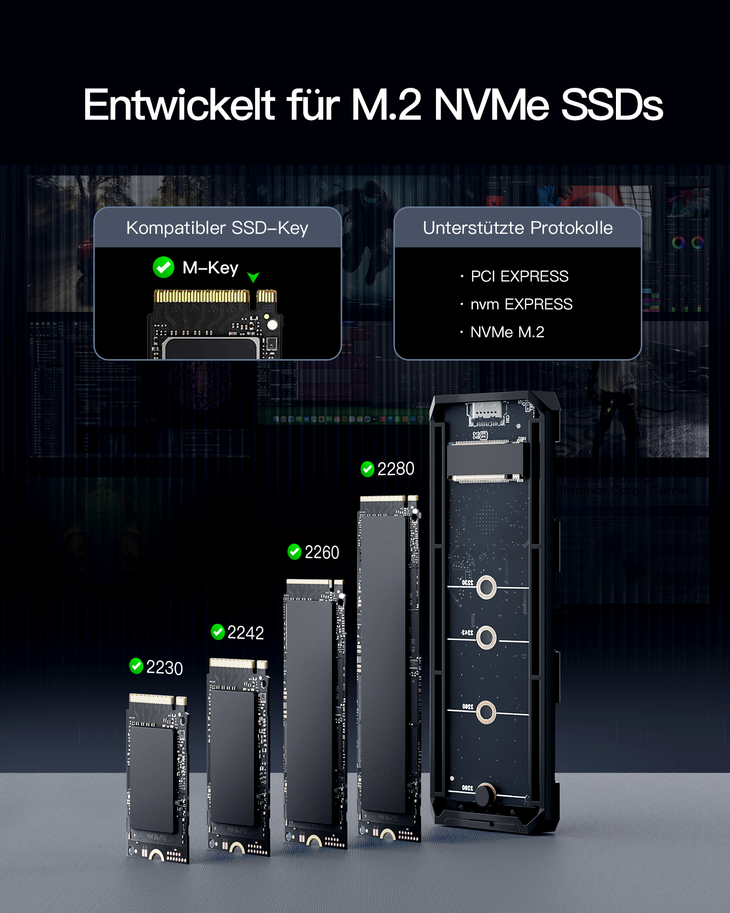 Bild zeigt M.2 NVMe SSDs, mit verschiedenen Größen, und das Gerät, das sie unterstützt.
