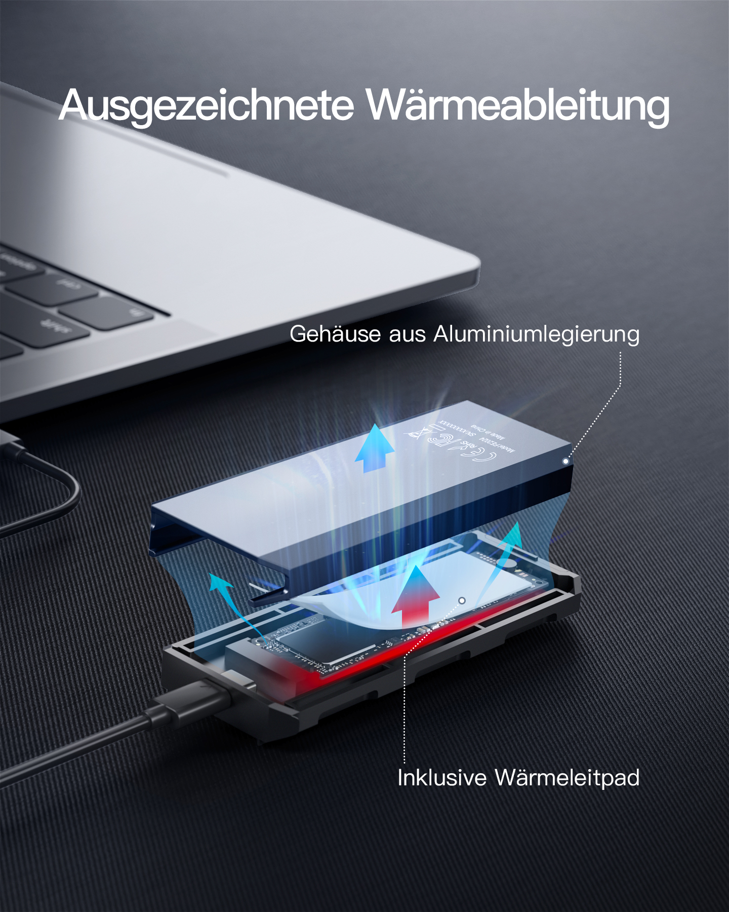 Ein Gerät mit Kühlsystem. Das Gerät ist schwarz und hat blaue und rote Pfeile.
