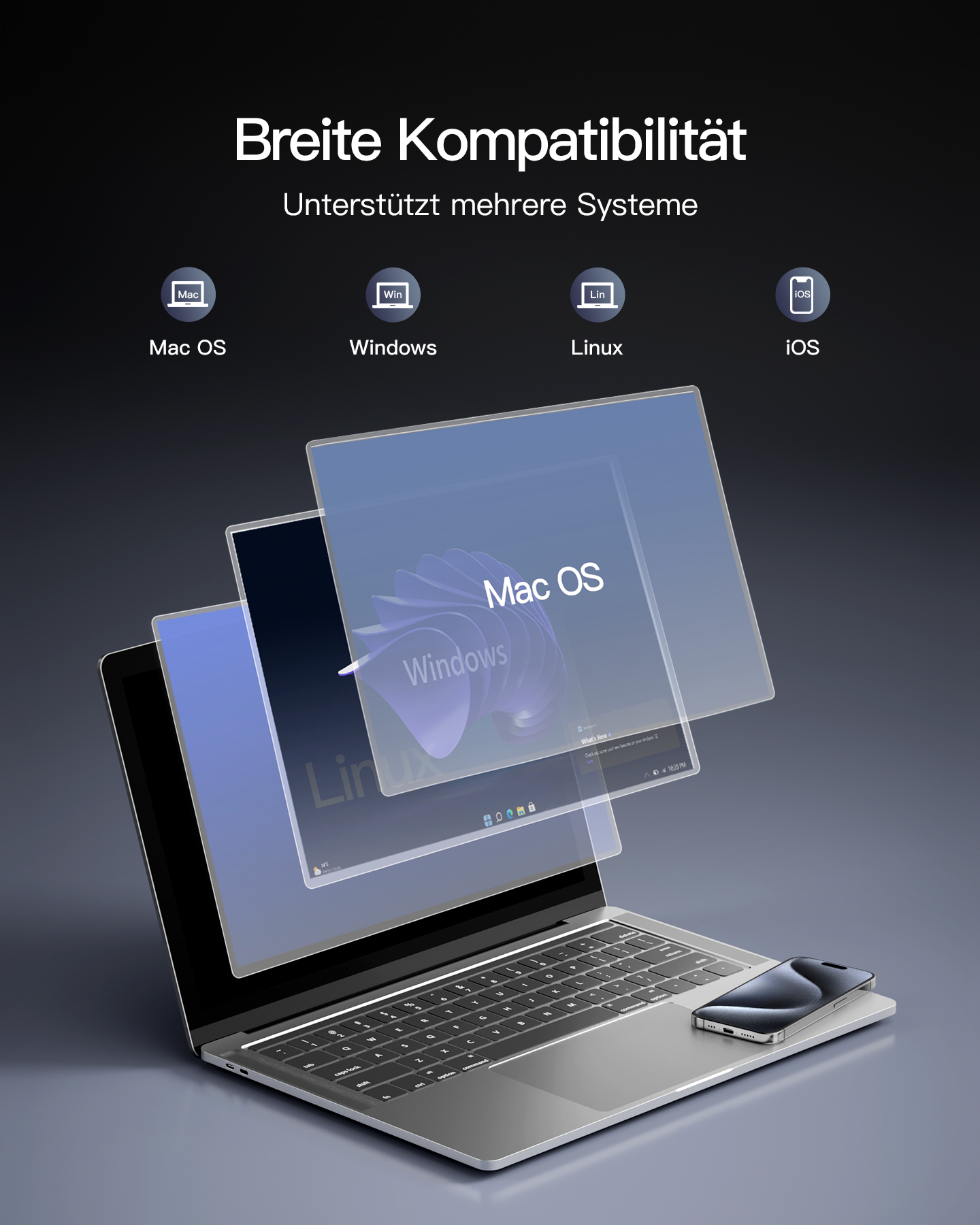 Laptop mit verschiedenen Betriebssystem-Symbolen darüber. Telefon auf dem Laptop.