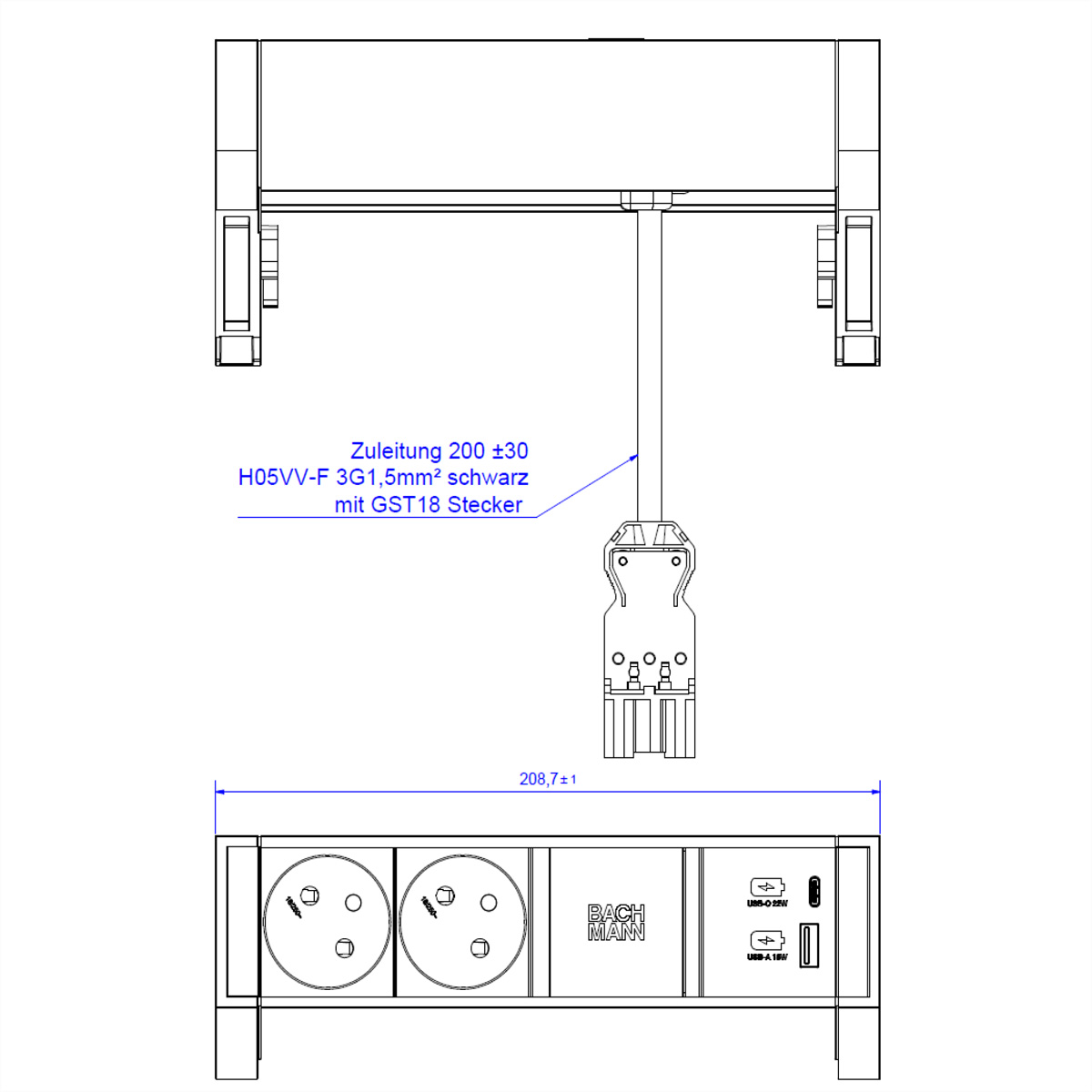 Dessin technique de prises de courant et de ports USB.