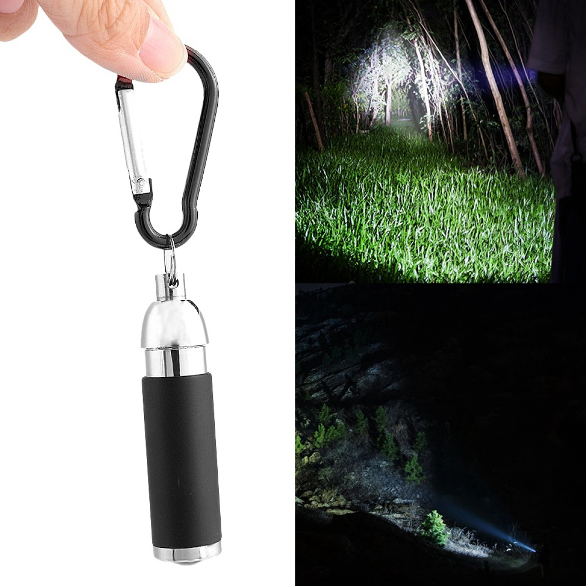 Eine schwarze Taschenlampe mit Karabiner, gehalten von einer Hand.