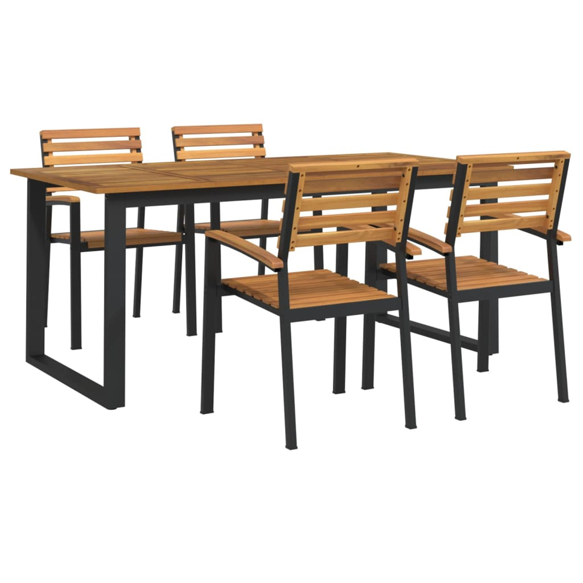 Holztisch und Stühle. Ein Tisch mit schwarzen Beinen und vier Stühlen mit Holzlatten.