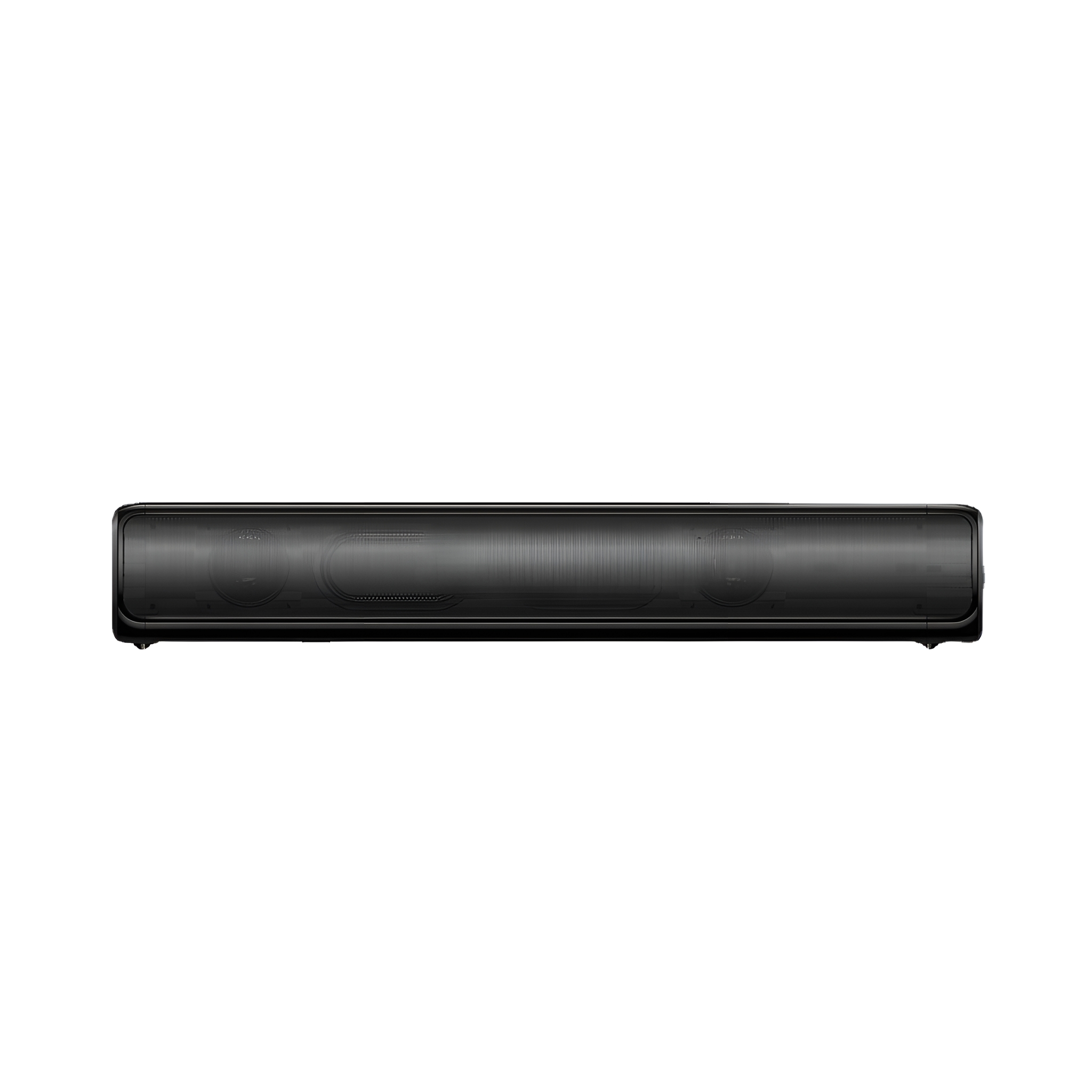 Schwarze Soundbar mit abgerundeten Enden. Schwarzer Hintergrund.