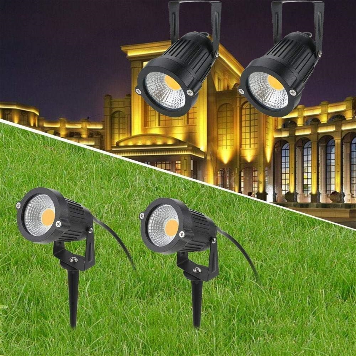 Außen-Spotlights auf einem grünen Rasen, mit einem weiteren Satz auf dunklem Hintergrund montiert.