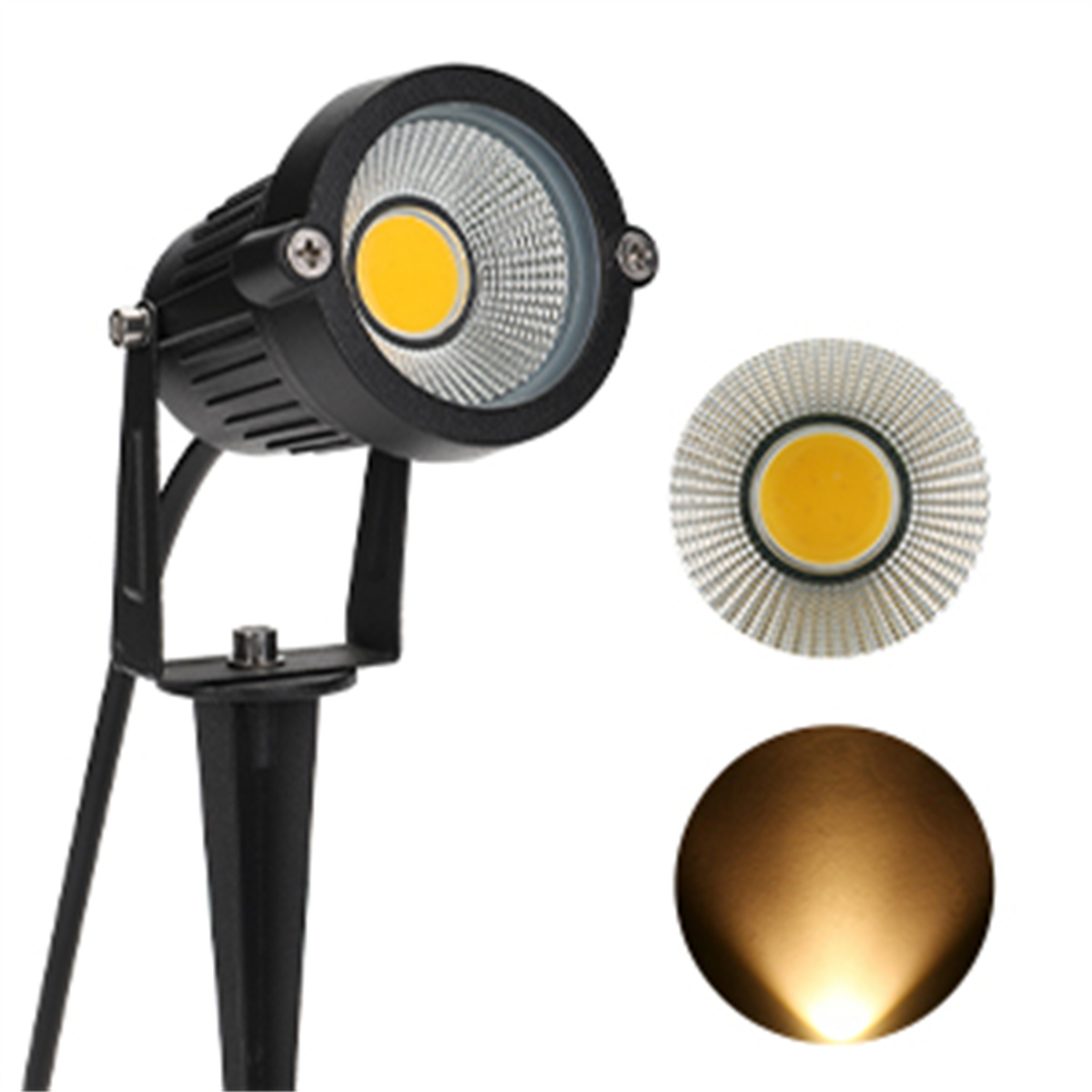 Schwarzer Outdoor-Spotlight mit gelber LED auf weißem Hintergrund mit zwei weiteren LEDs.
