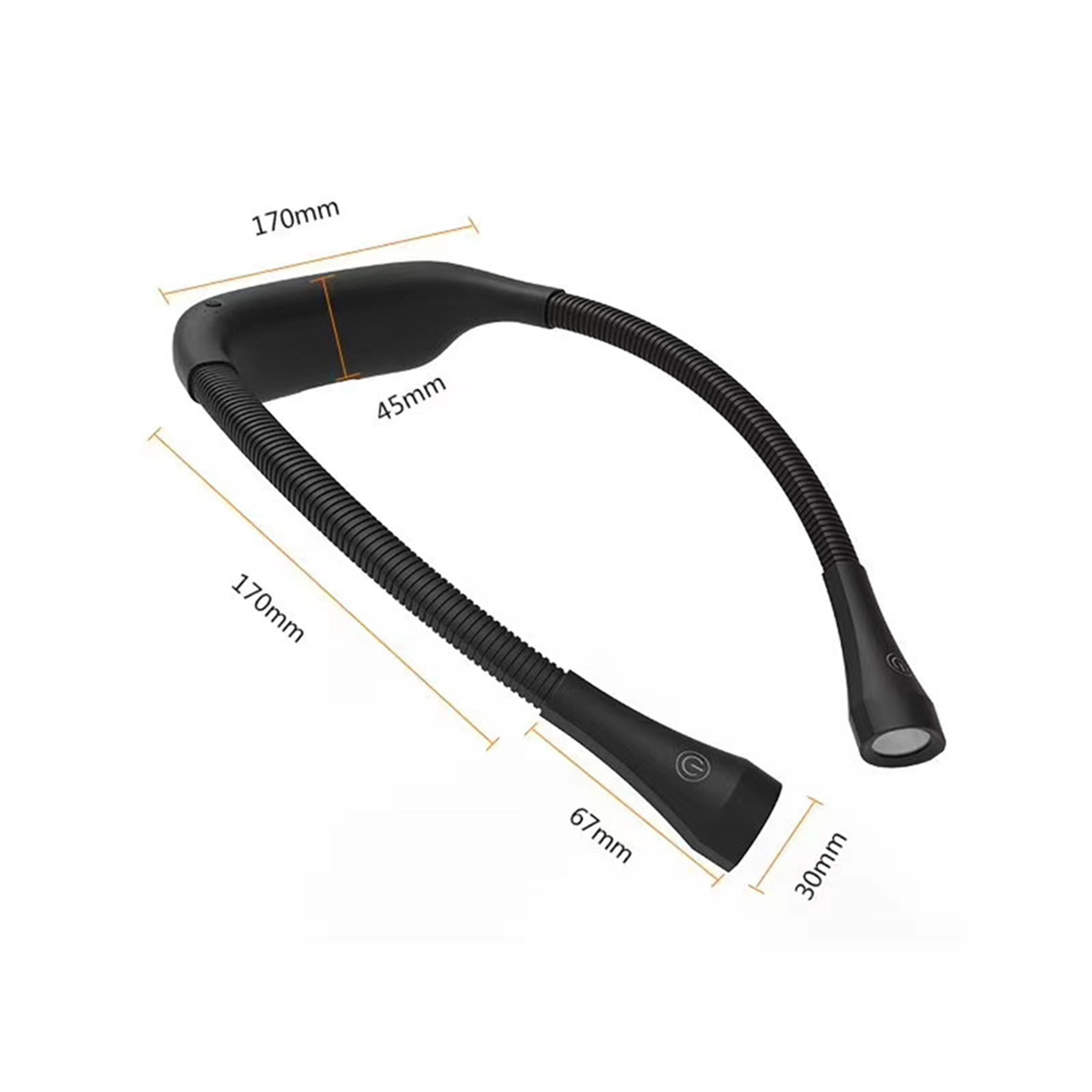 Schwarze Nacken-Leselampe mit flexiblem Arm und Netzschalter mit Abmessungen auf weißem Hintergrund.
