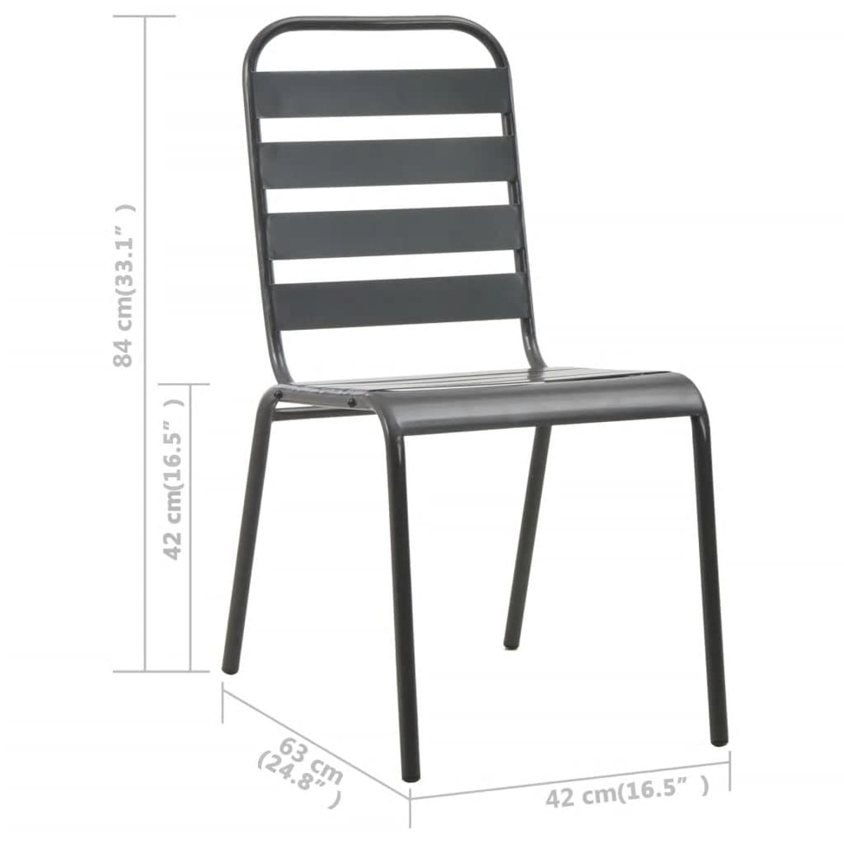 Metallstuhl, graue Farbe. Abmessungen: 84 cm (33,1"), 42 cm (16,5"), 63 cm (24,8").