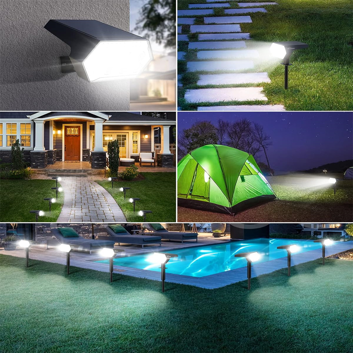 Mehrere Bilder von Solarleuchten, die Wege, ein Haus, ein Zelt und einen Pool bei Nacht beleuchten.