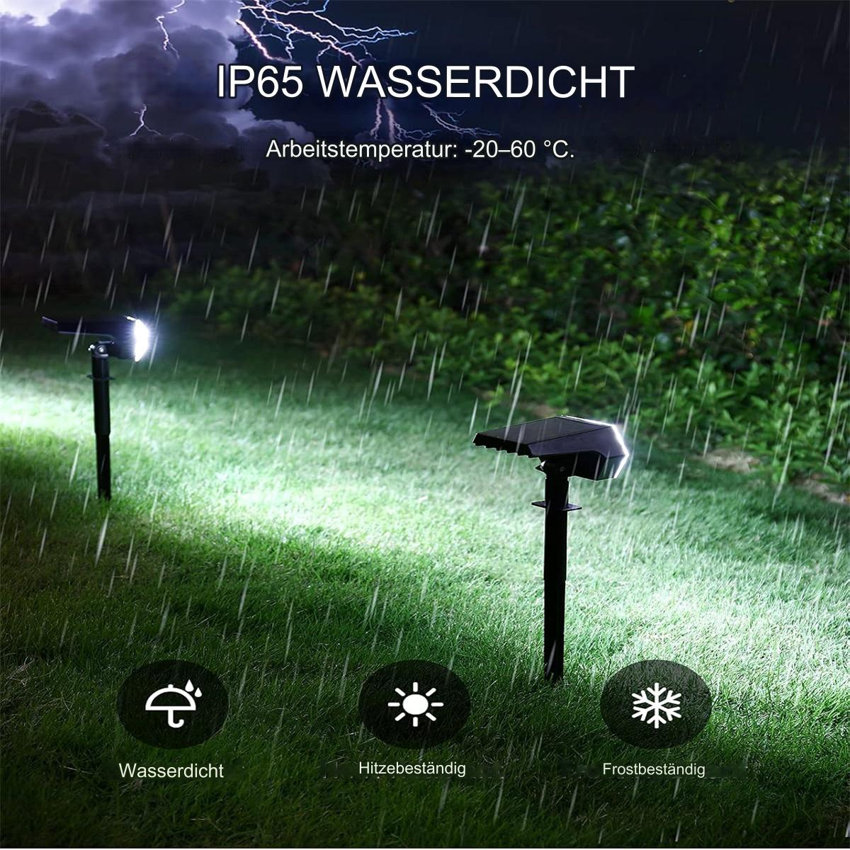 Zwei Solarleuchten in einem grasbewachsenen Hof während eines Regensturms in der Nacht.
