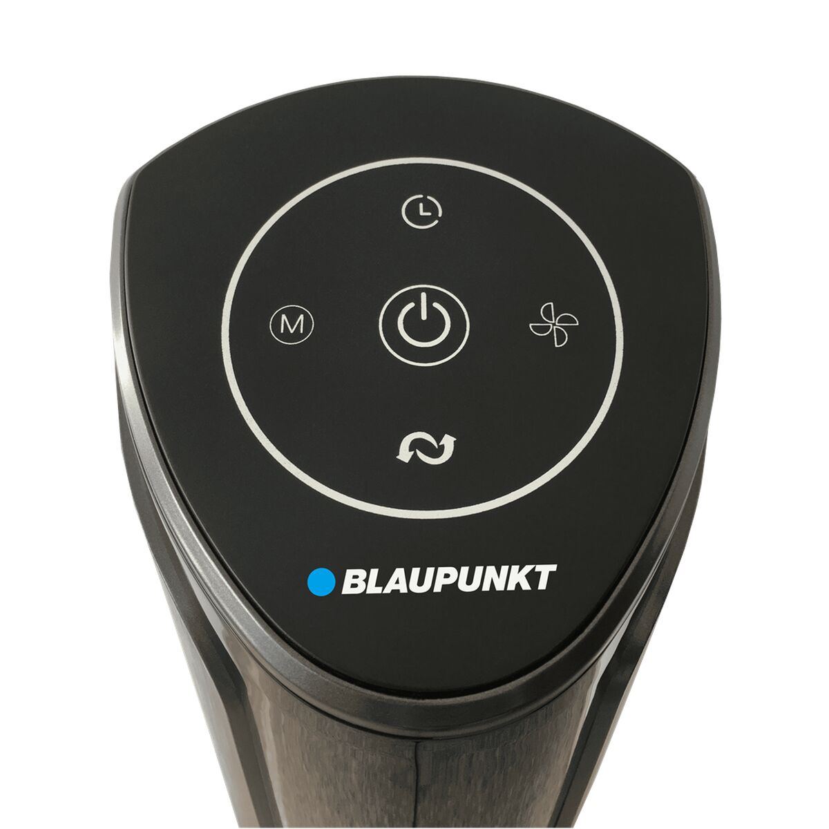 Primer plano de un panel de control de ventilador negro con iconos y la marca BLAUPUNKT.