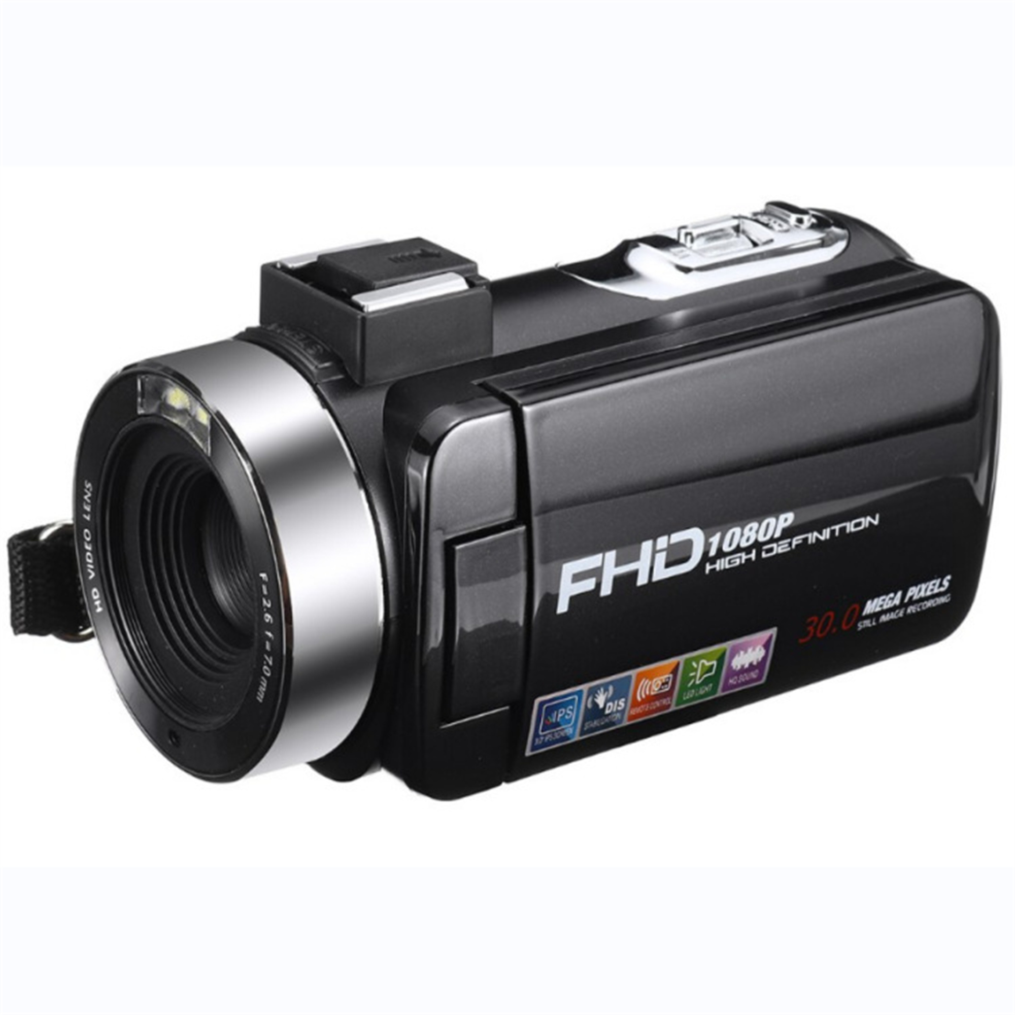 Schwarze Videokamera, High Definition, 30,0 Megapixel, mit mehreren Tasten und Objektiv.