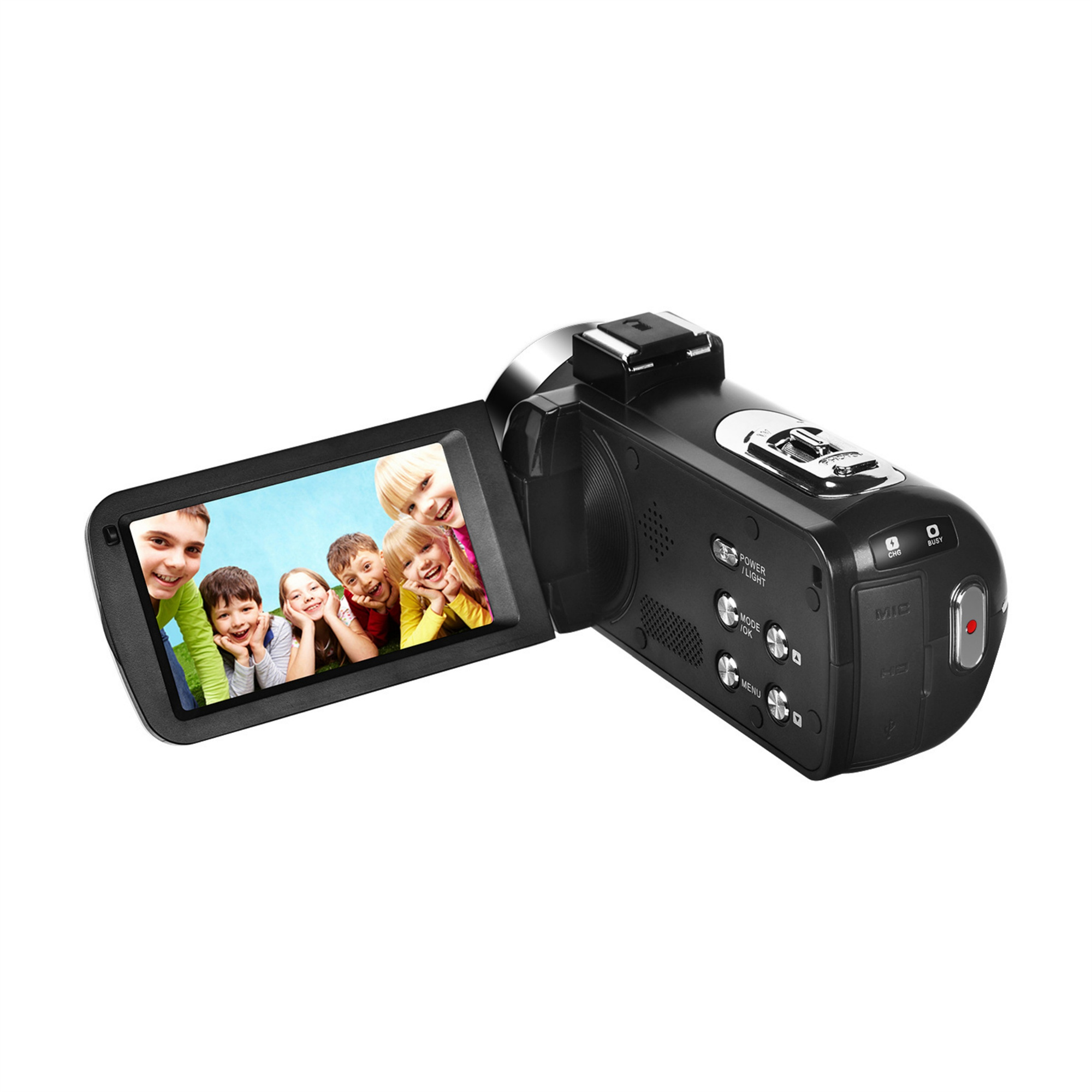 Eine schwarze Camcorder, die auf dem Bildschirm ein glückliches Familienfoto zeigt.